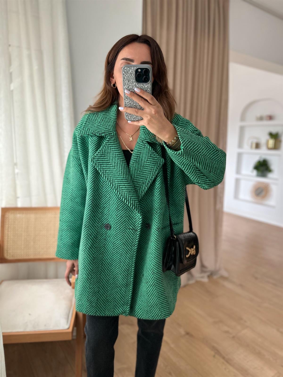 YEŞİL SŞYAH KAZAYAĞI ASTARLI OVERSIZE KABAN
