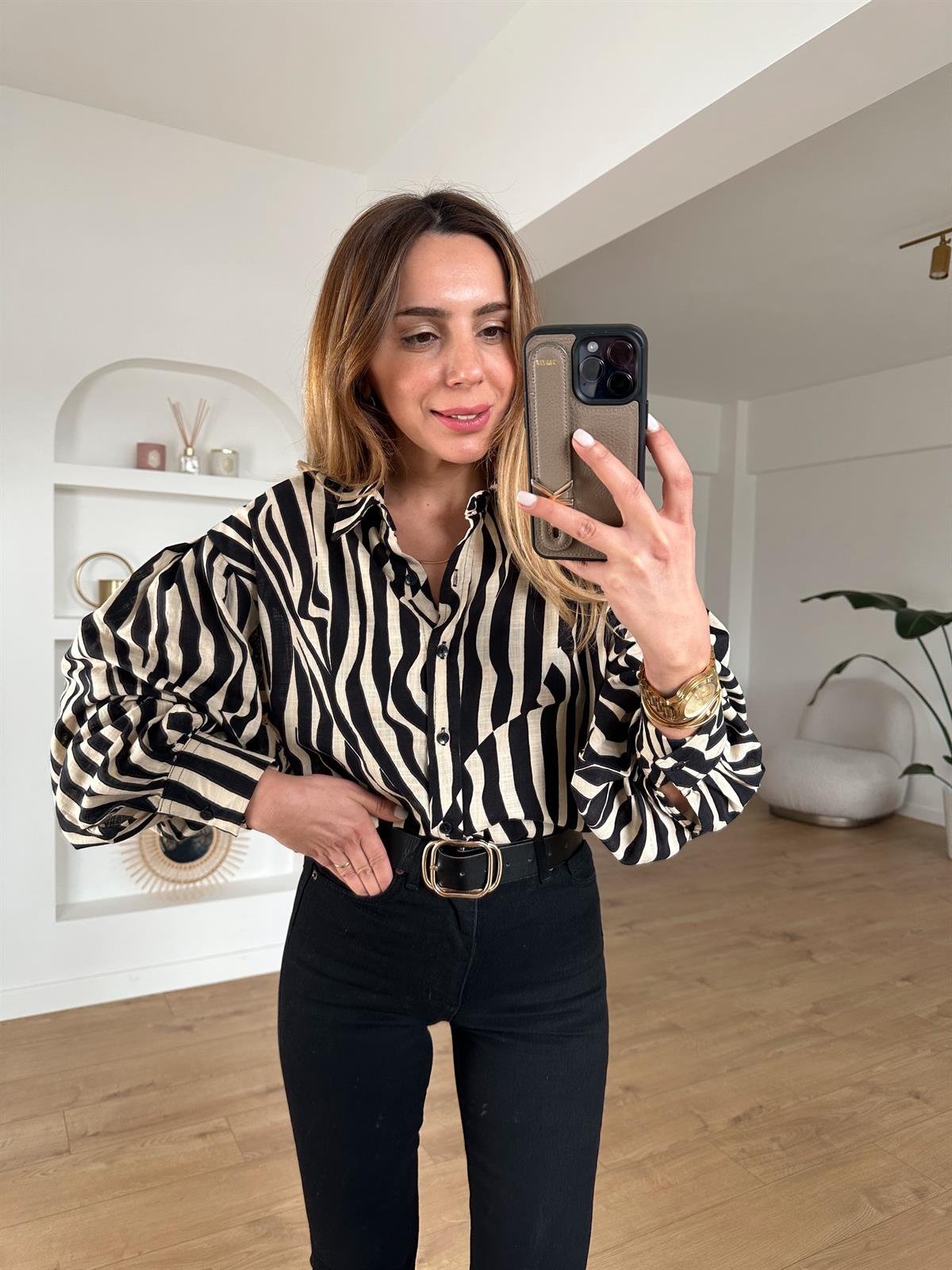 ZEBRA DESENLİ KETEN GÖMLEK