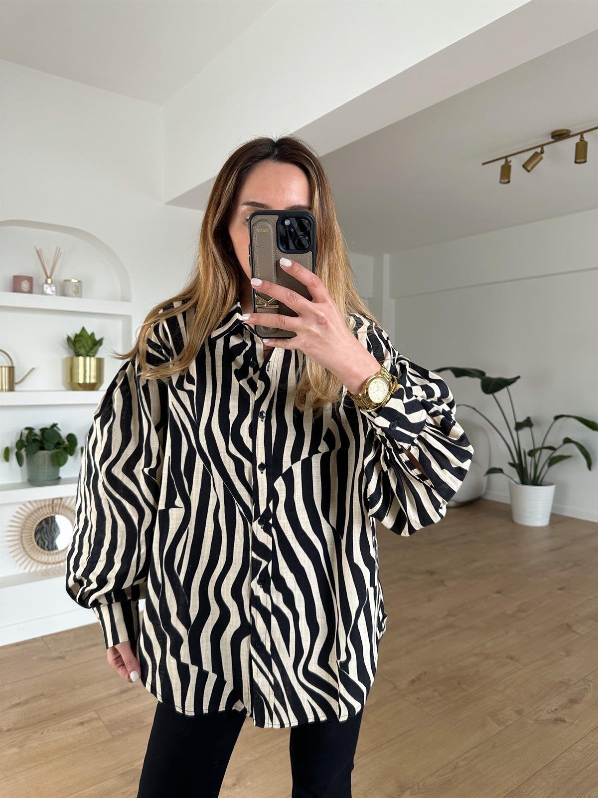 ZEBRA DESENLİ KETEN GÖMLEK