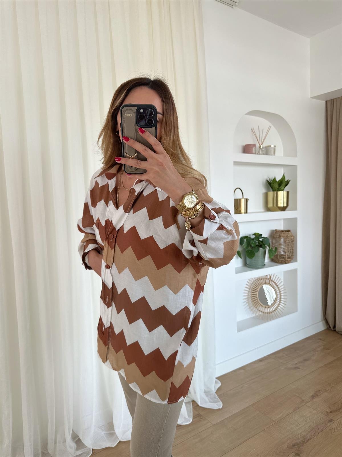 ZİGZAG DESENLİ TENSEL OVERSIZE GÖMLEK