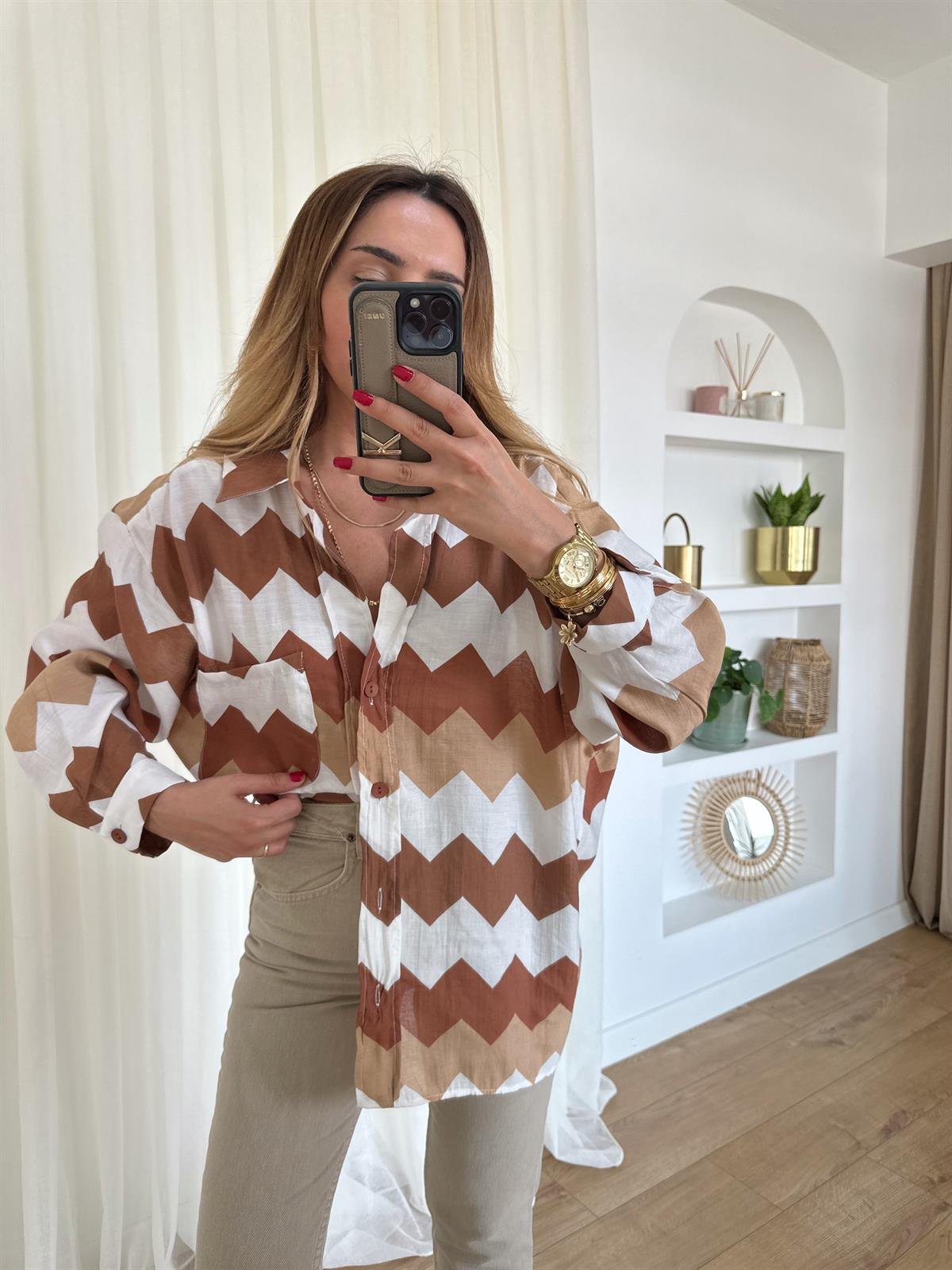 ZİGZAG DESENLİ TENSEL OVERSIZE GÖMLEK