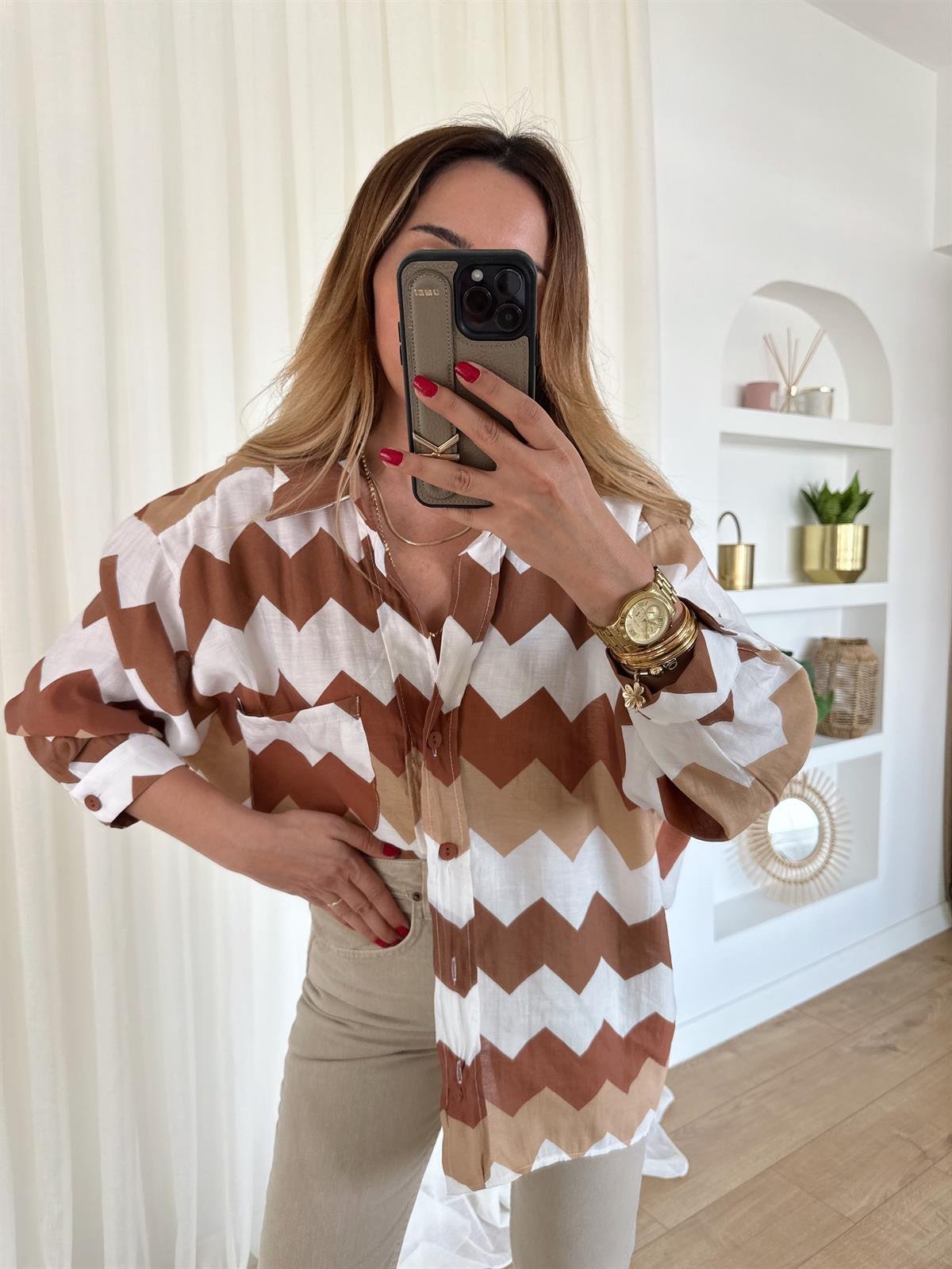 ZİGZAG DESENLİ TENSEL OVERSIZE GÖMLEK