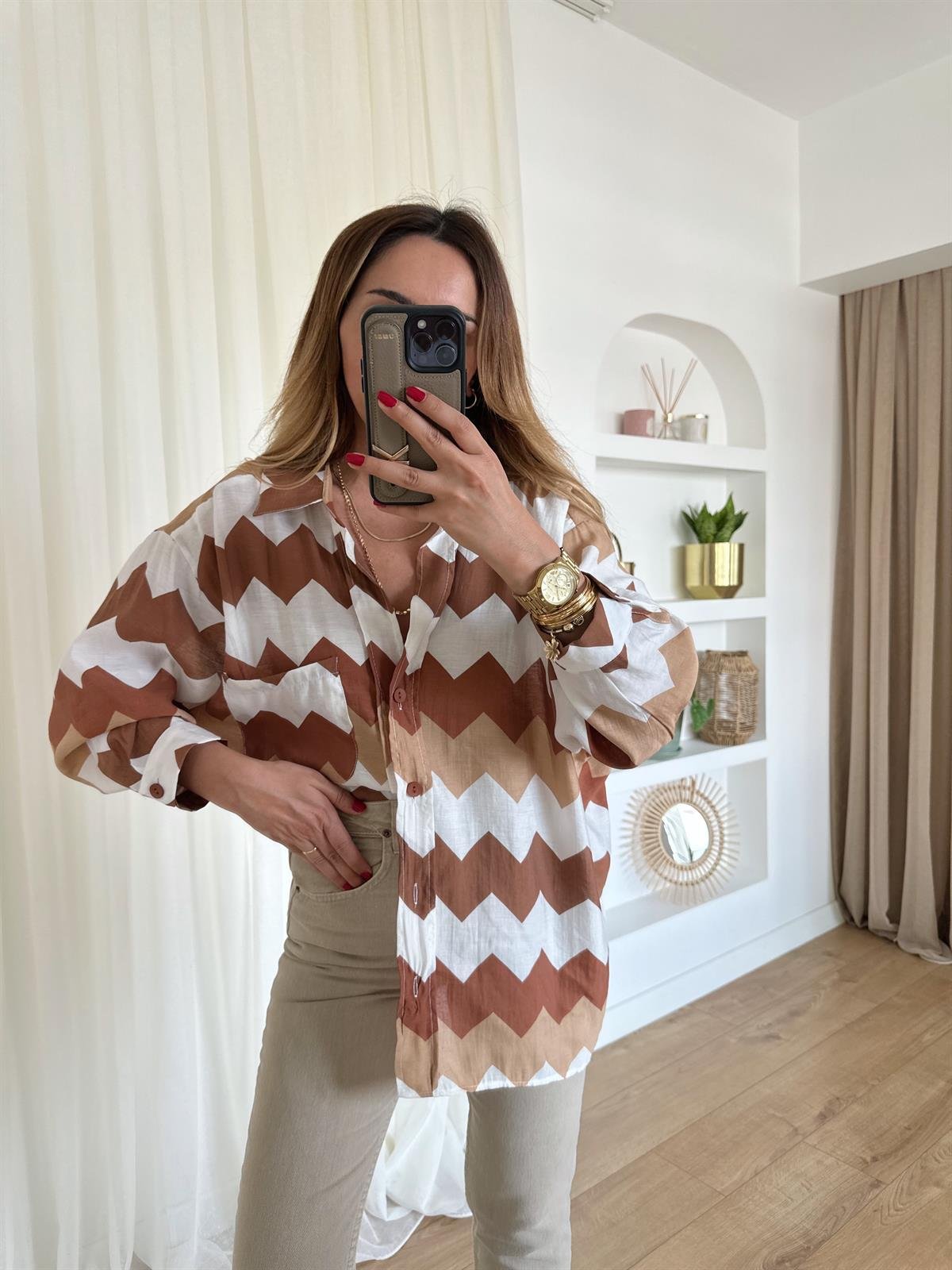 ZİGZAG DESENLİ TENSEL OVERSIZE GÖMLEK