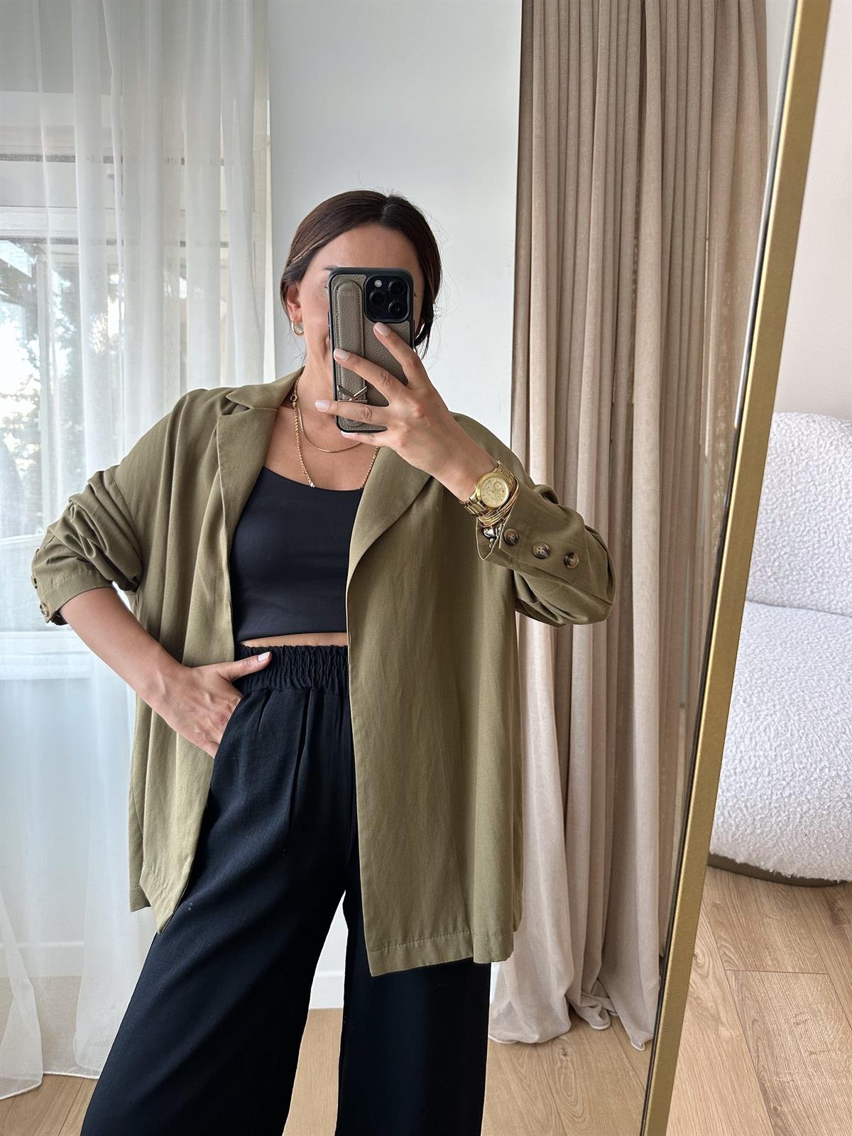 ZR HAKİ OVERSIZE KETEN CEKET