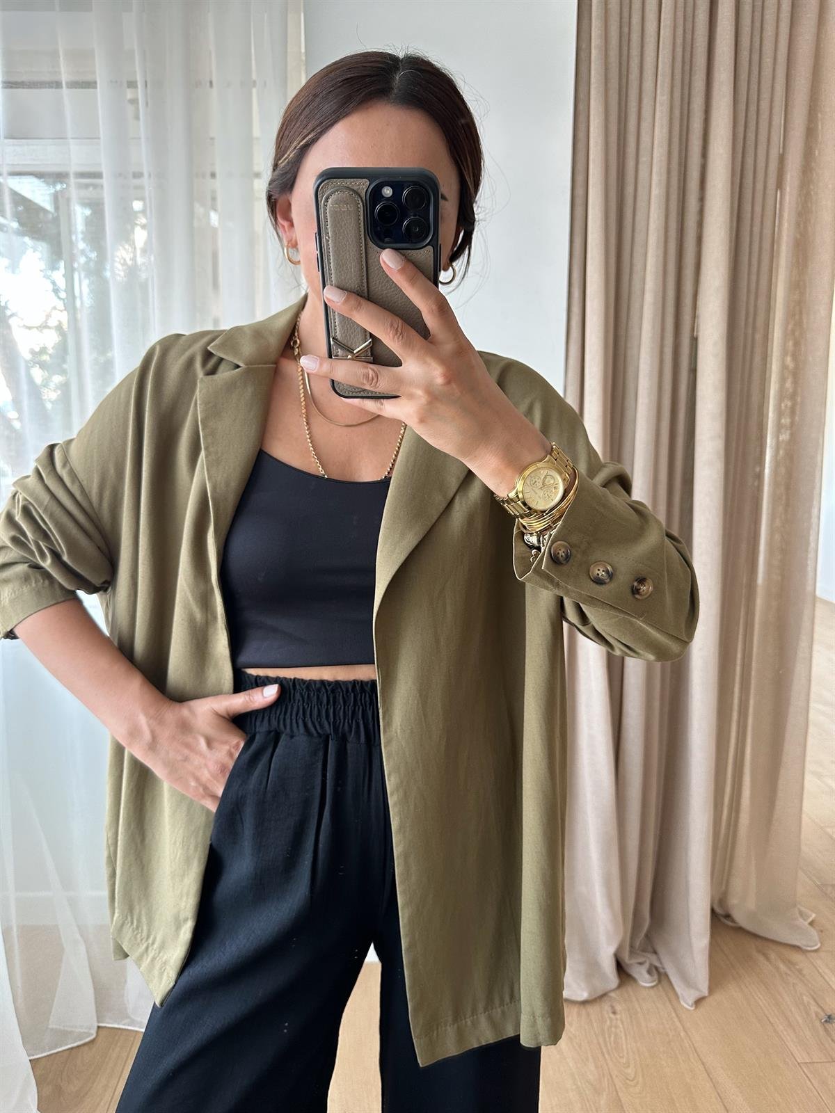 ZR HAKİ OVERSIZE KETEN CEKET