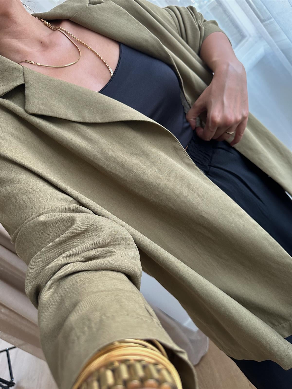 ZR HAKİ OVERSIZE KETEN CEKET