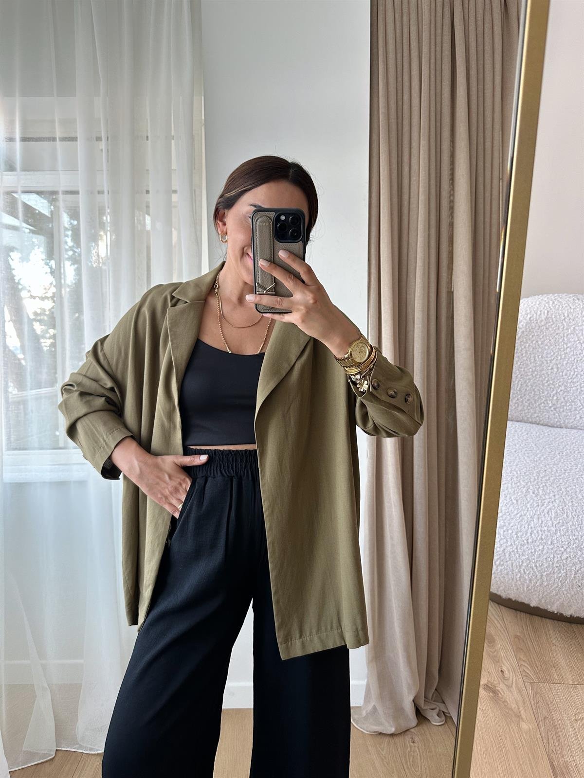 ZR HAKİ OVERSIZE KETEN CEKET