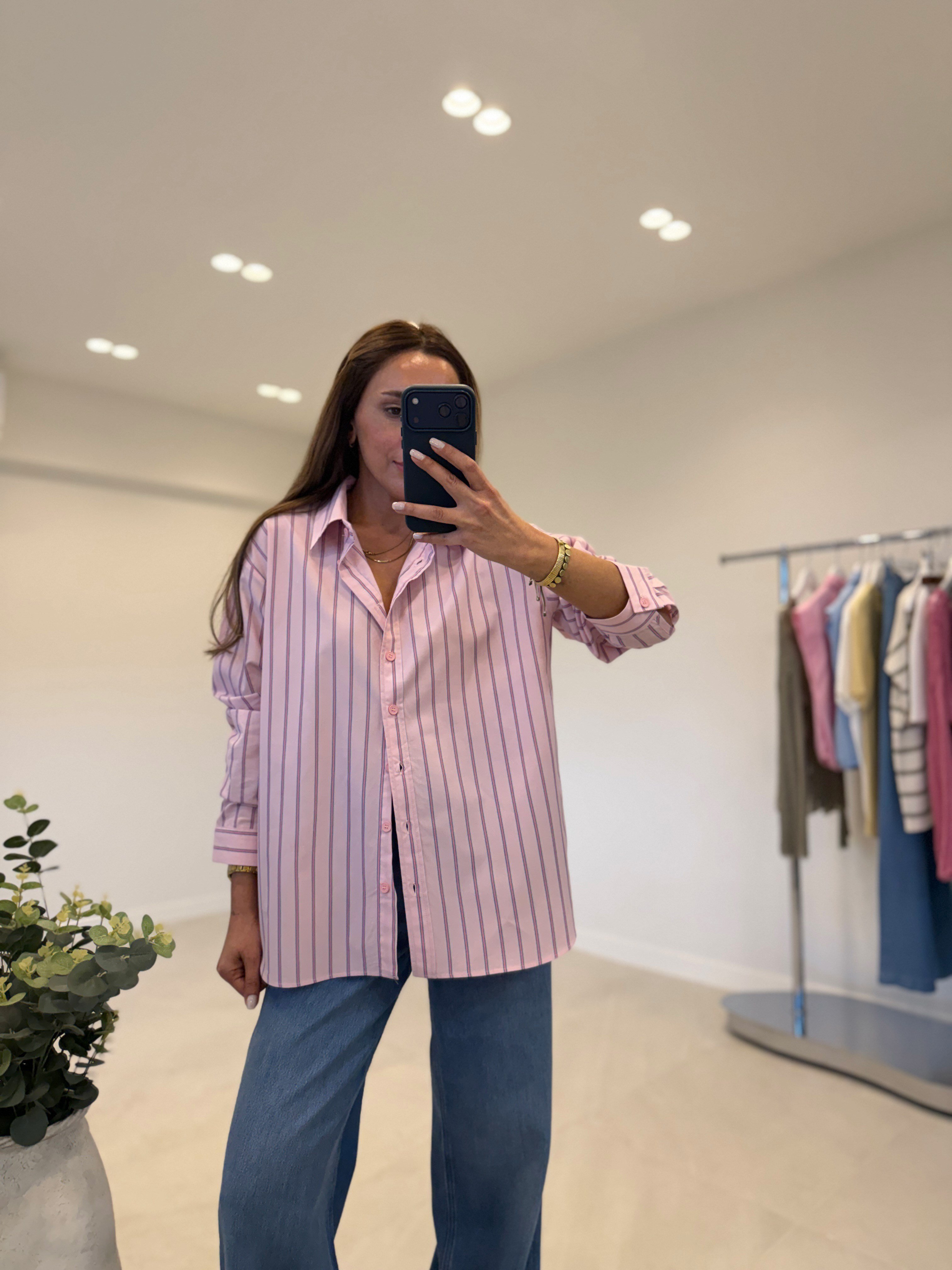 Zr ModeL Low Pembe Çizgili %100 Pamuk Gömlek