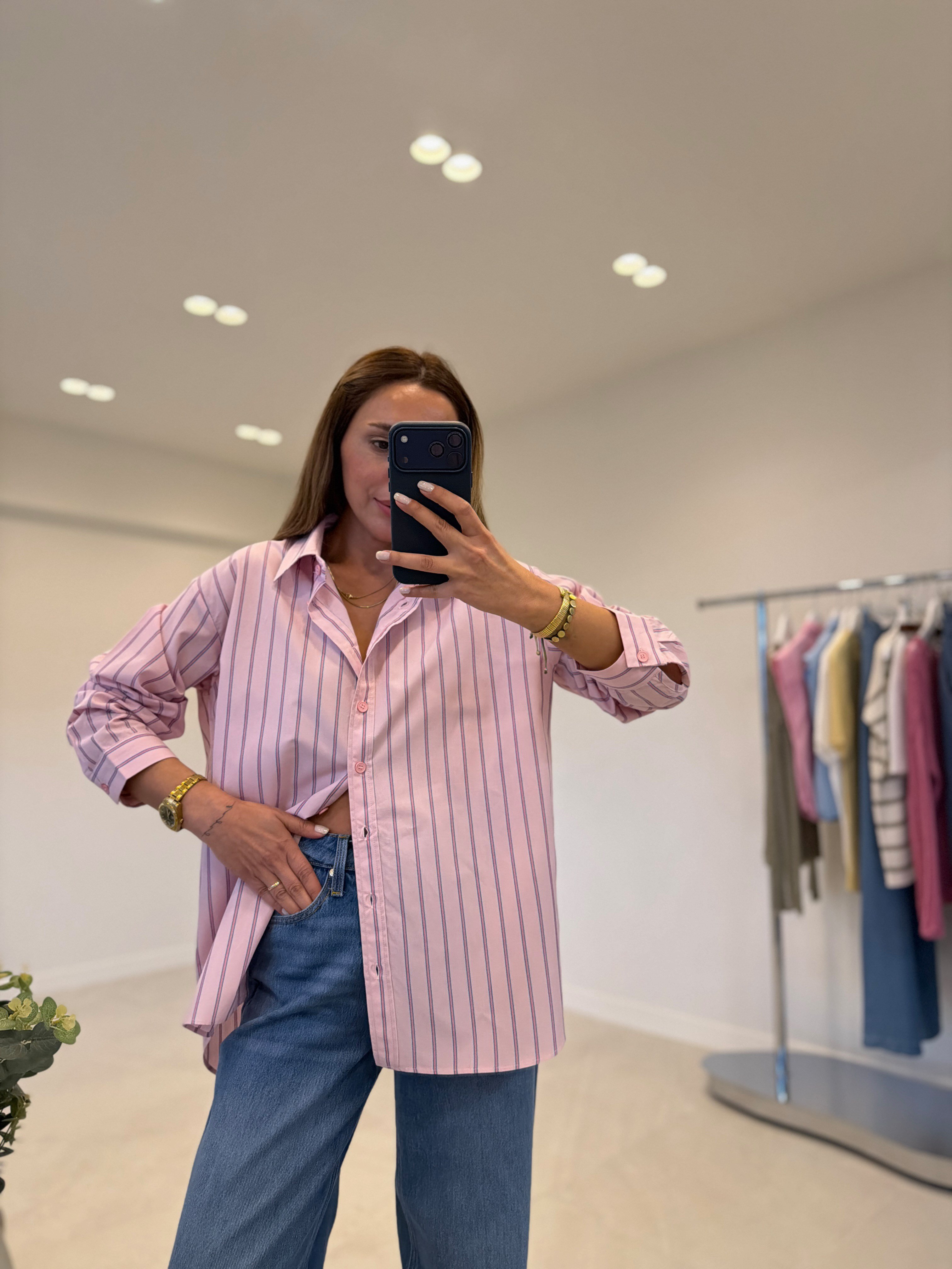 Zr ModeL Low Pembe Çizgili %100 Pamuk Gömlek