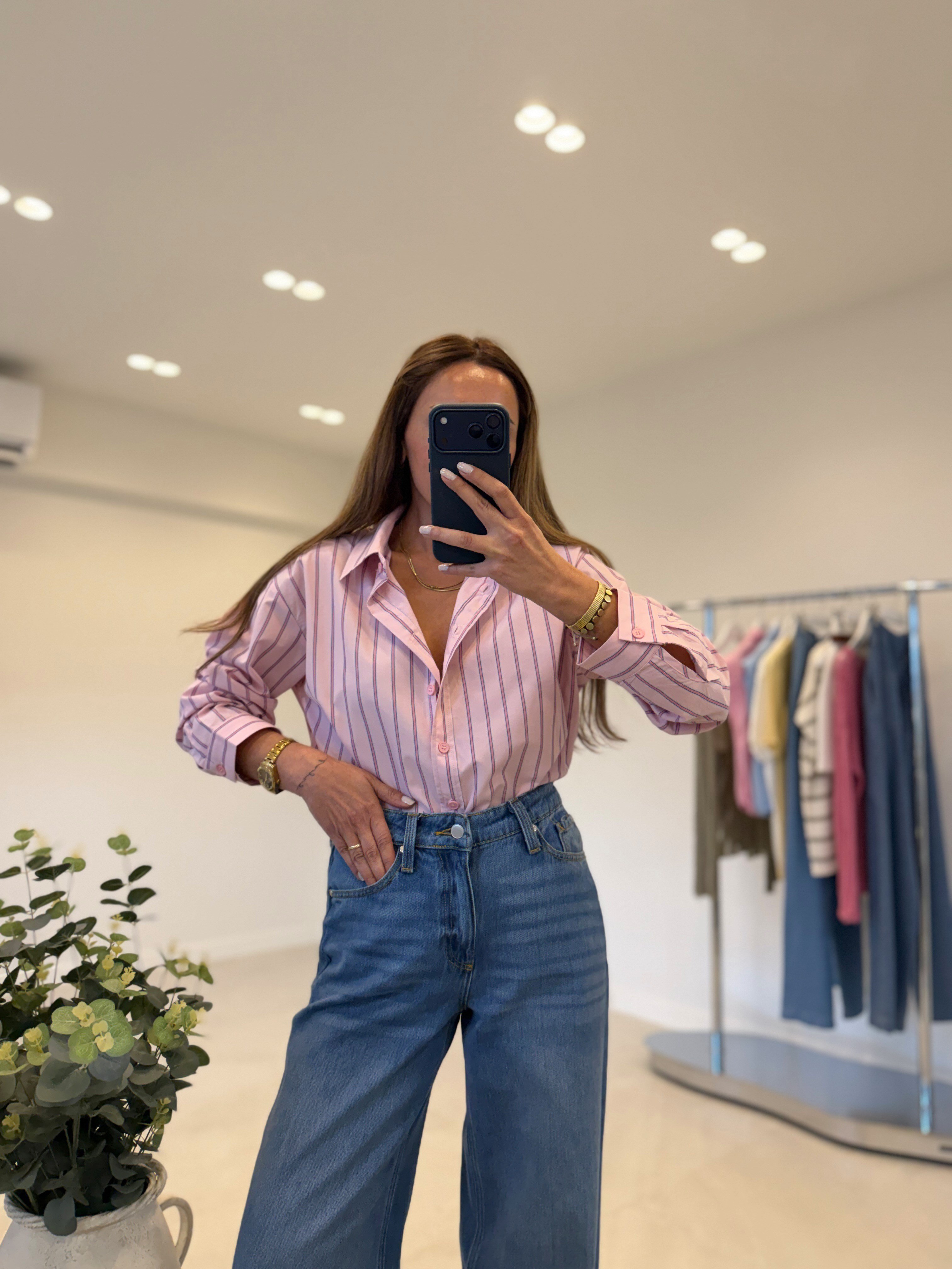 Zr ModeL Low Pembe Çizgili %100 Pamuk Gömlek