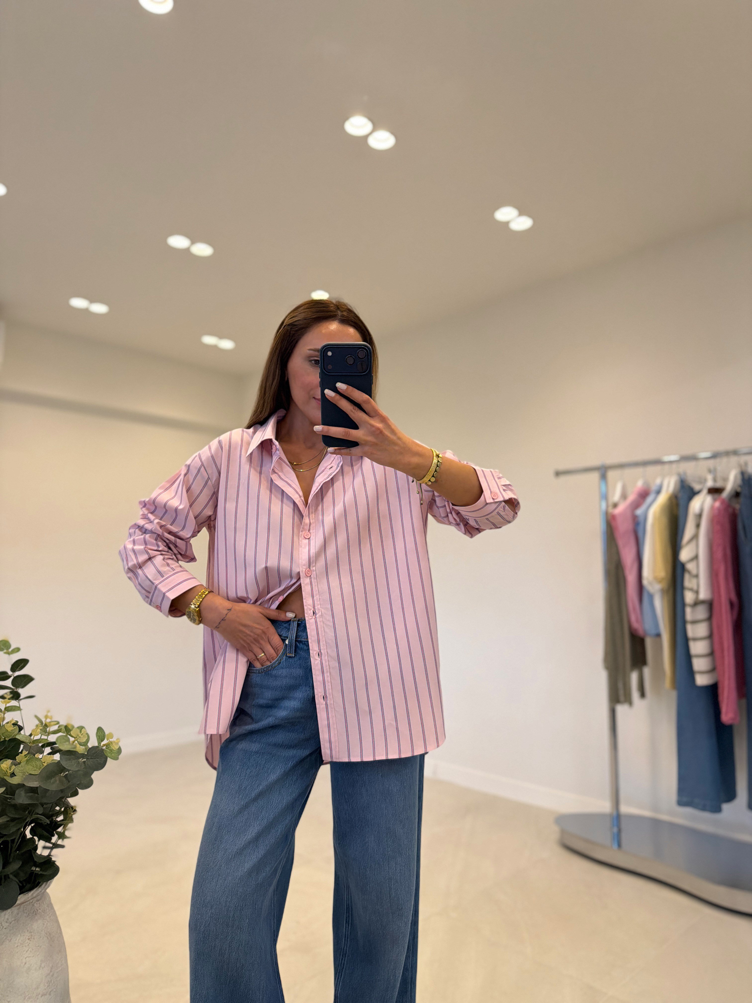 Zr ModeL Low Pembe Çizgili %100 Pamuk Gömlek