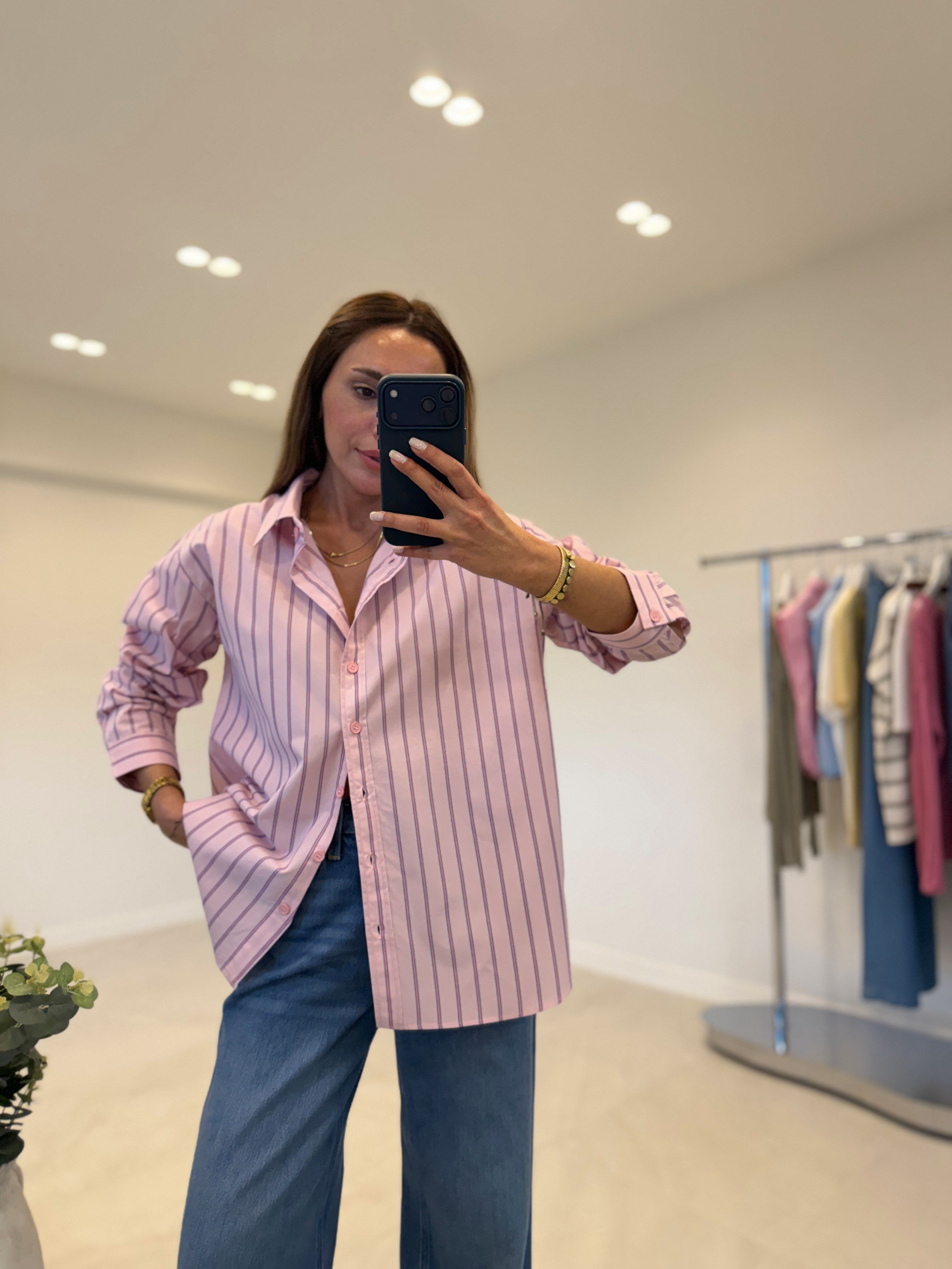 Zr ModeL Low Pembe Çizgili %100 Pamuk Gömlek