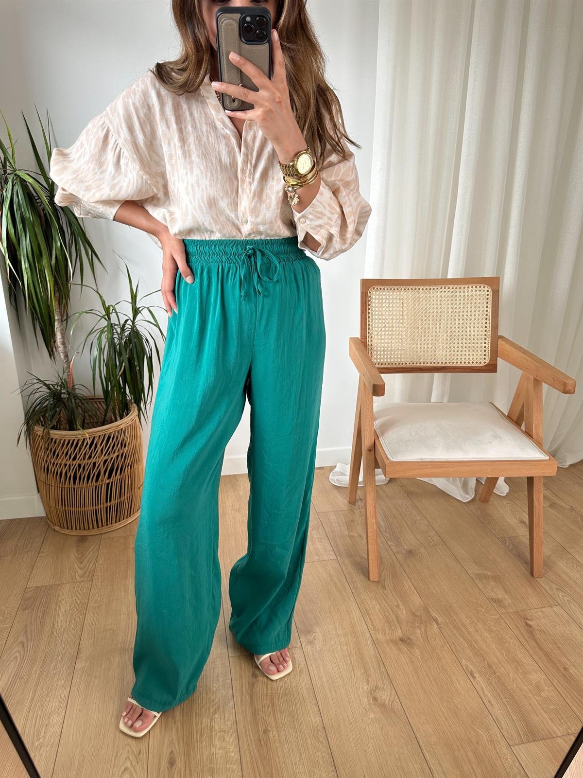 ZÜMRÜT YEŞİLİ TENSEL PANTOLON