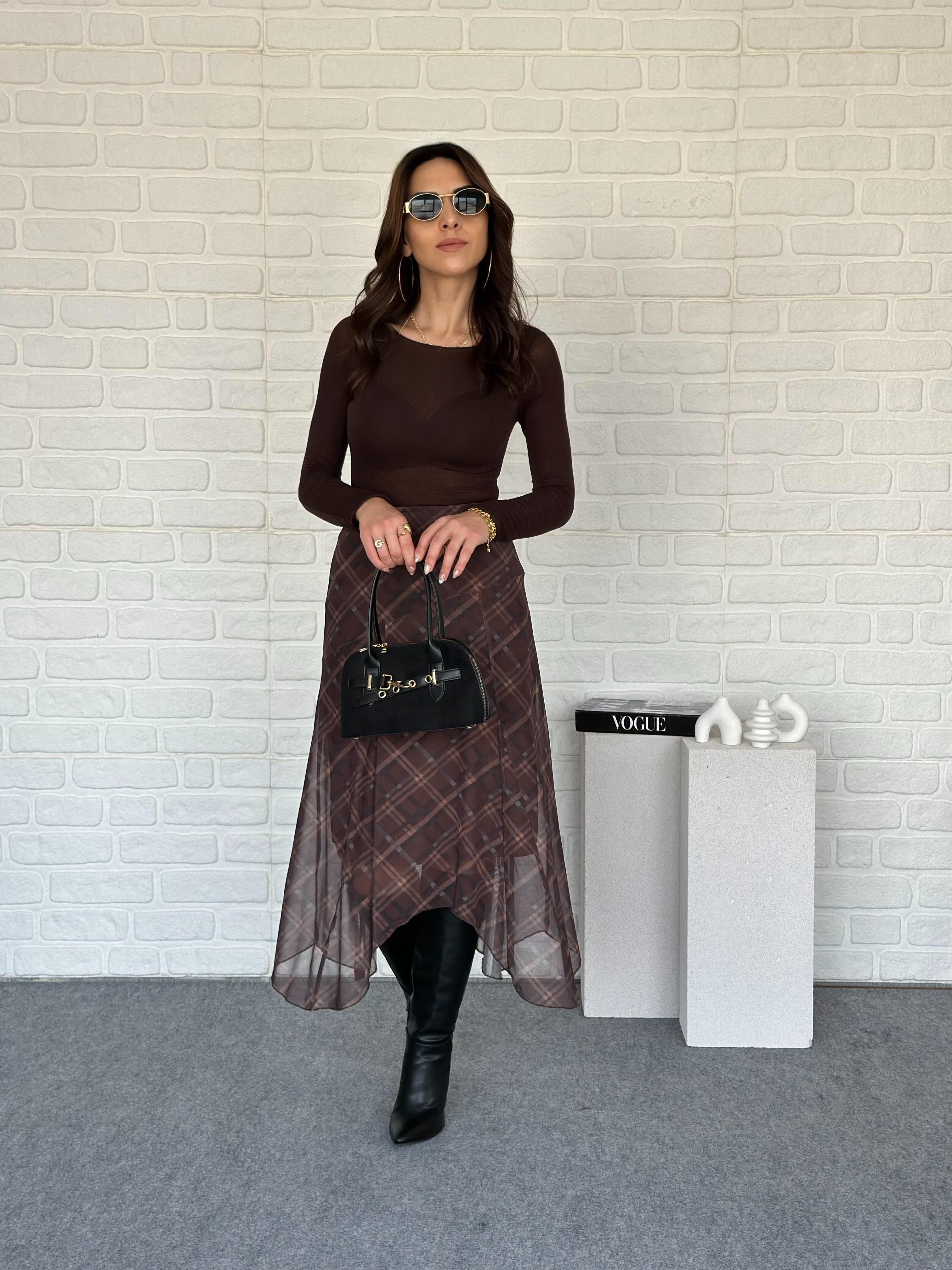 Asimetrik Kesim Şifon Etek Kahve