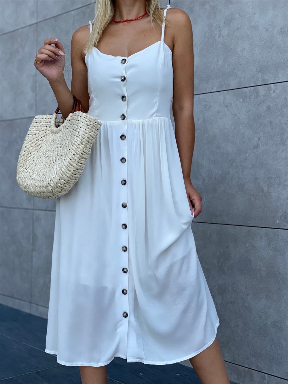 Askılı Gipeli Elbise Ecru