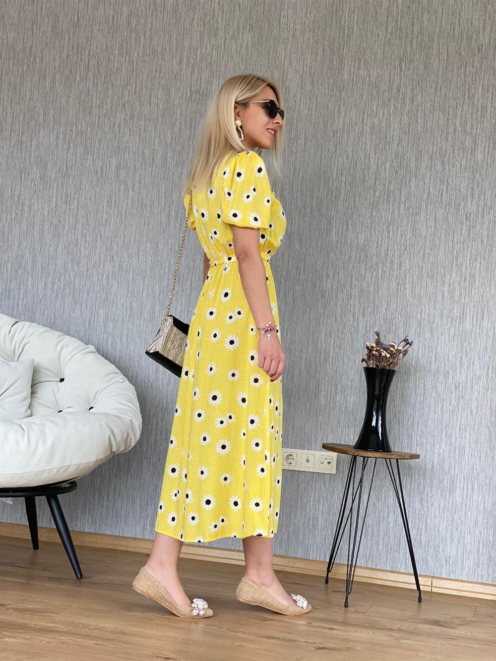 Bebe Yaka Paptya Desen Elbise Jaune