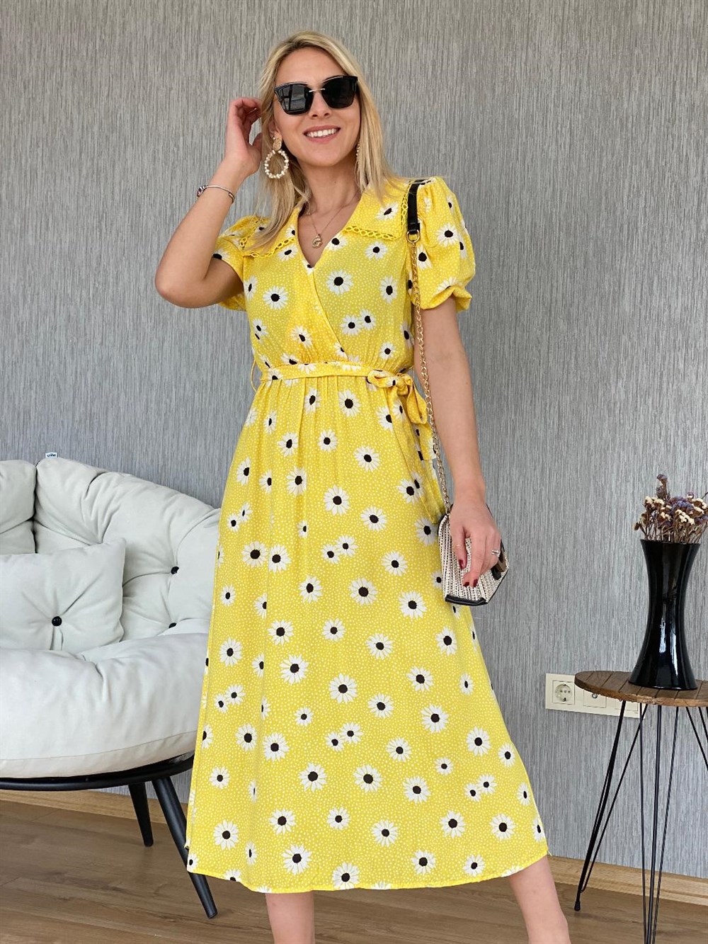 Bebe Yaka Paptya Desen Elbise Jaune
