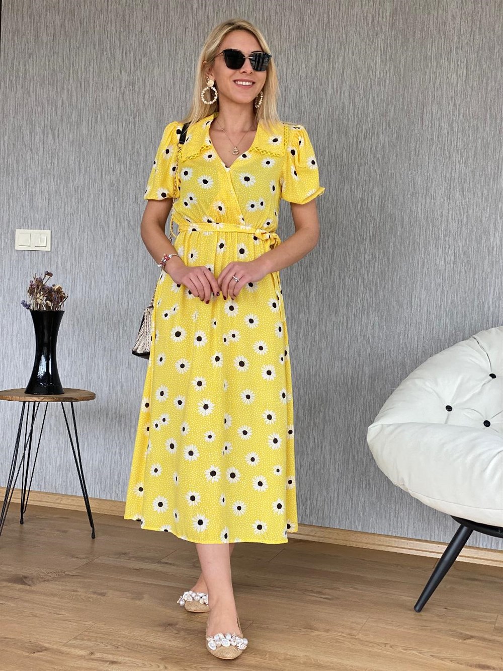 Bebe Yaka Paptya Desen Elbise Jaune