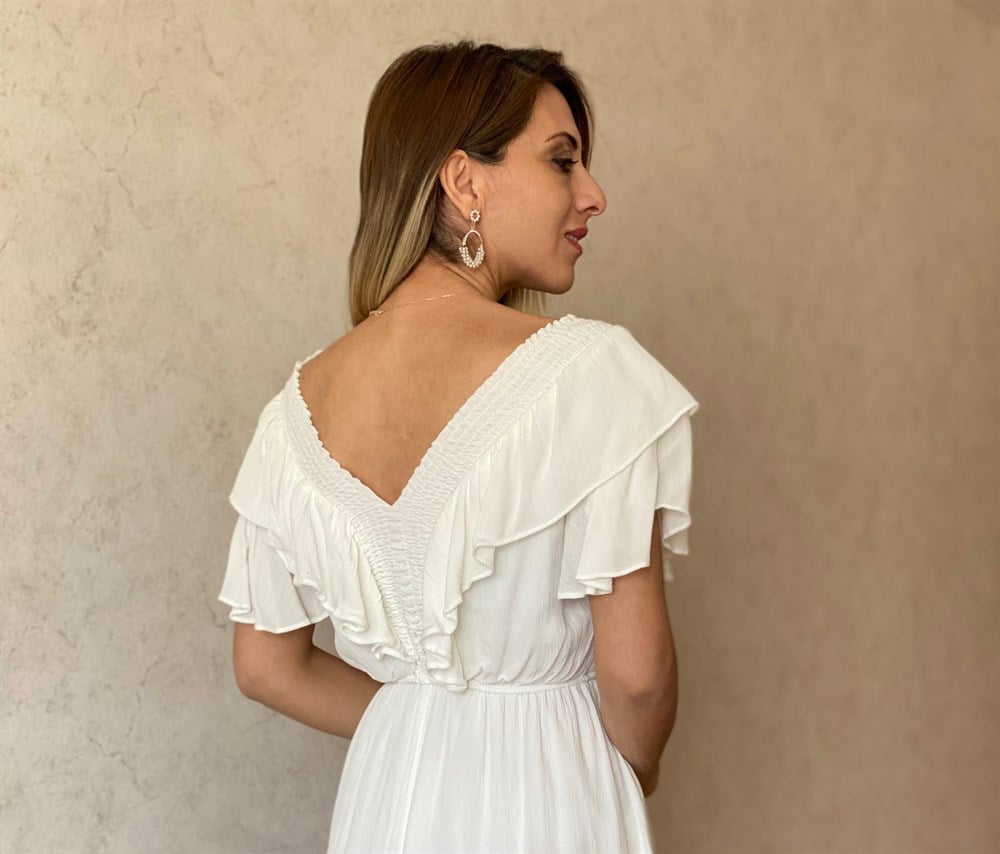 Beyaz Kolu Volanlı Elbise