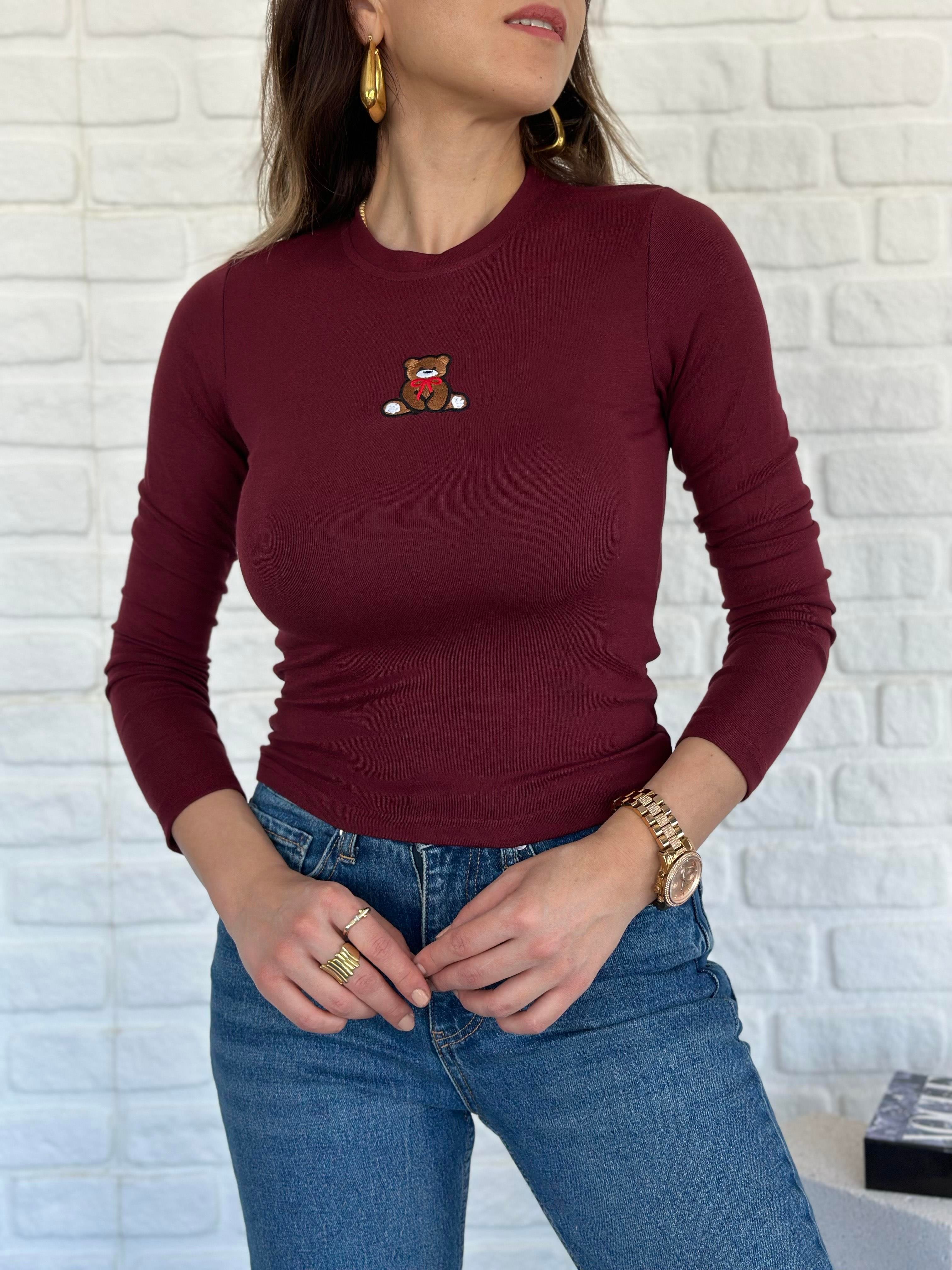 Bisiklet Yaka İşlemeli Bluz Bordo