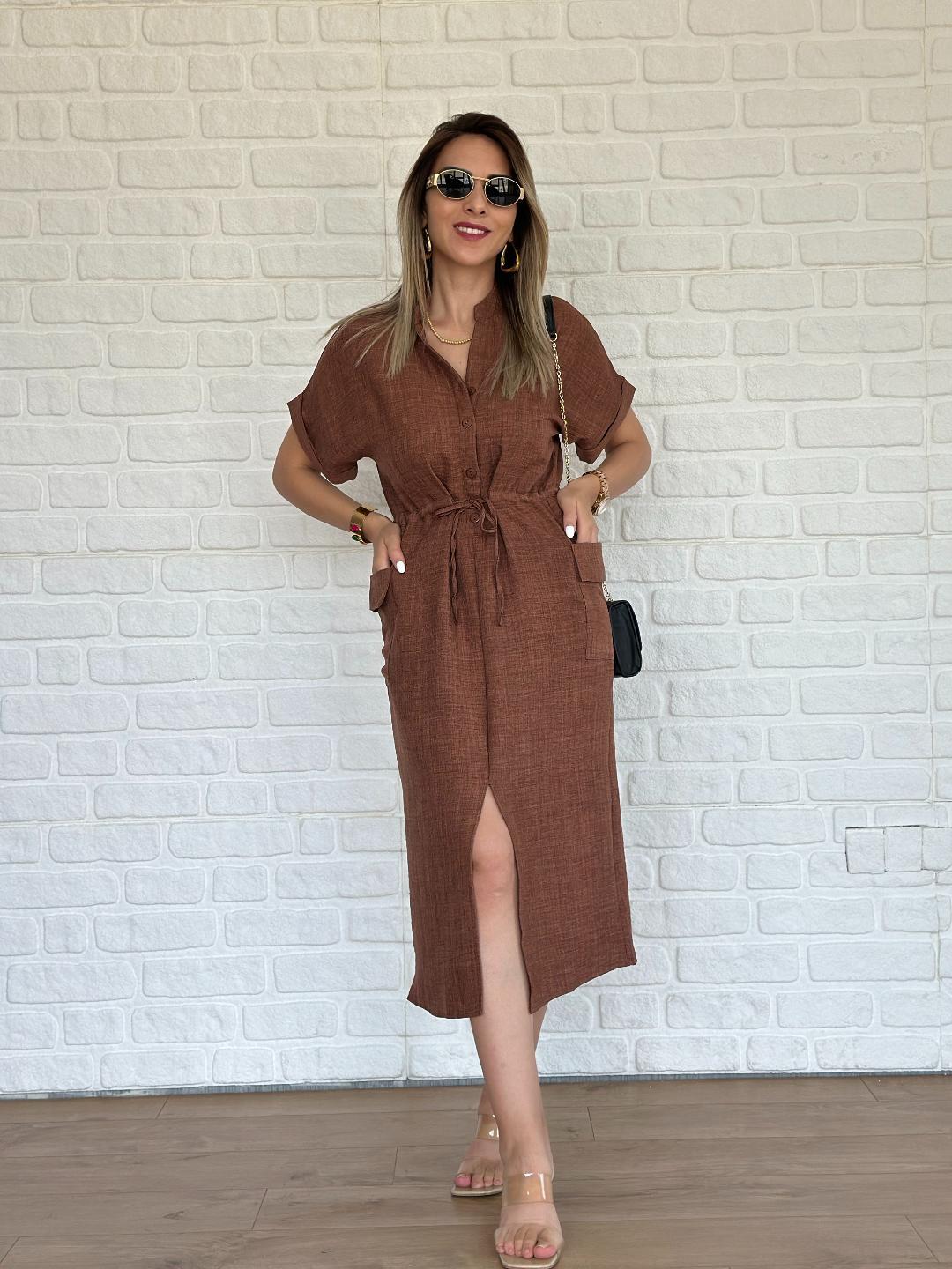 Büzgülü Elbise Kahve
