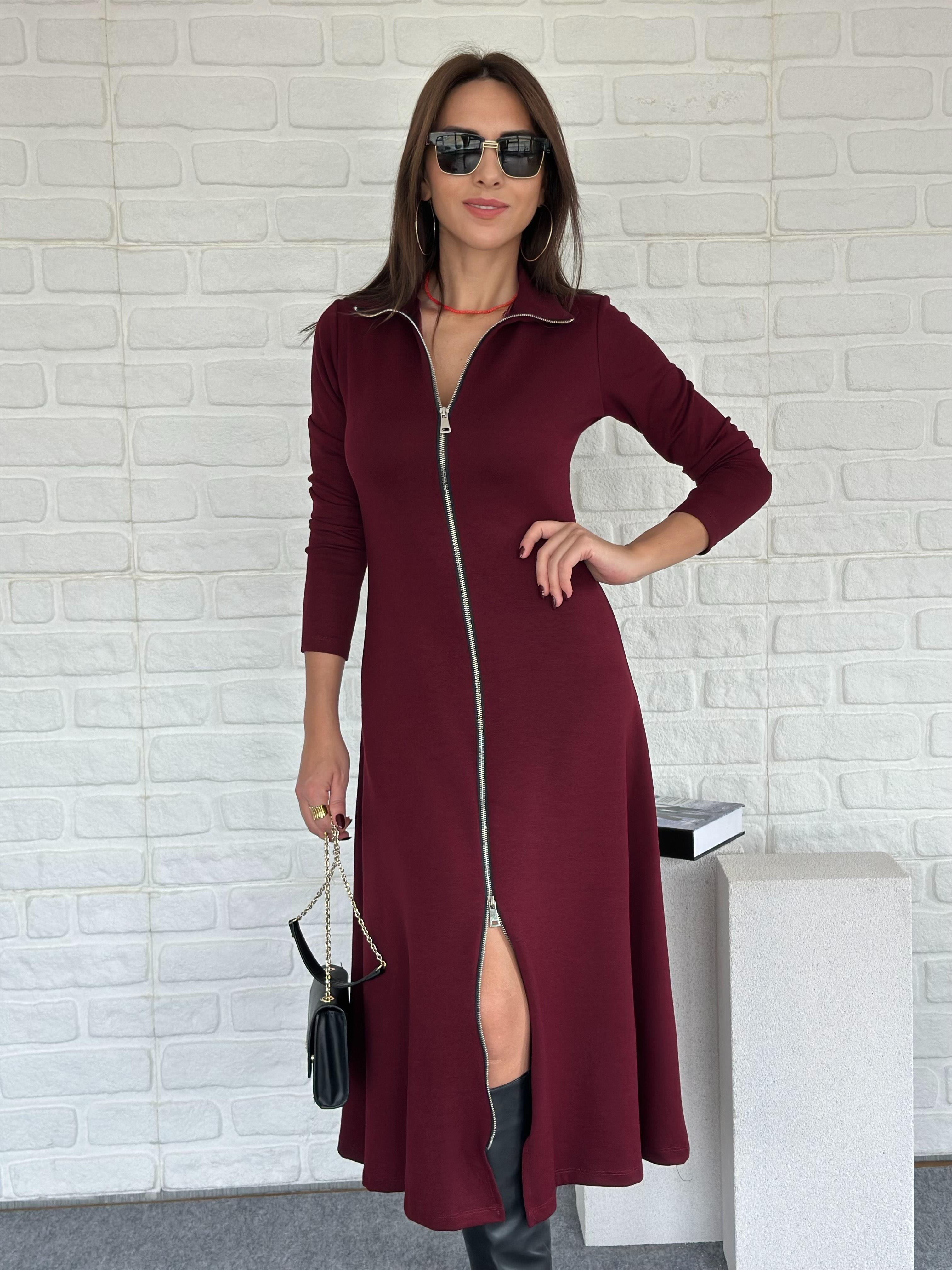 Çift Fermuarlı Modal Elbise Bordo