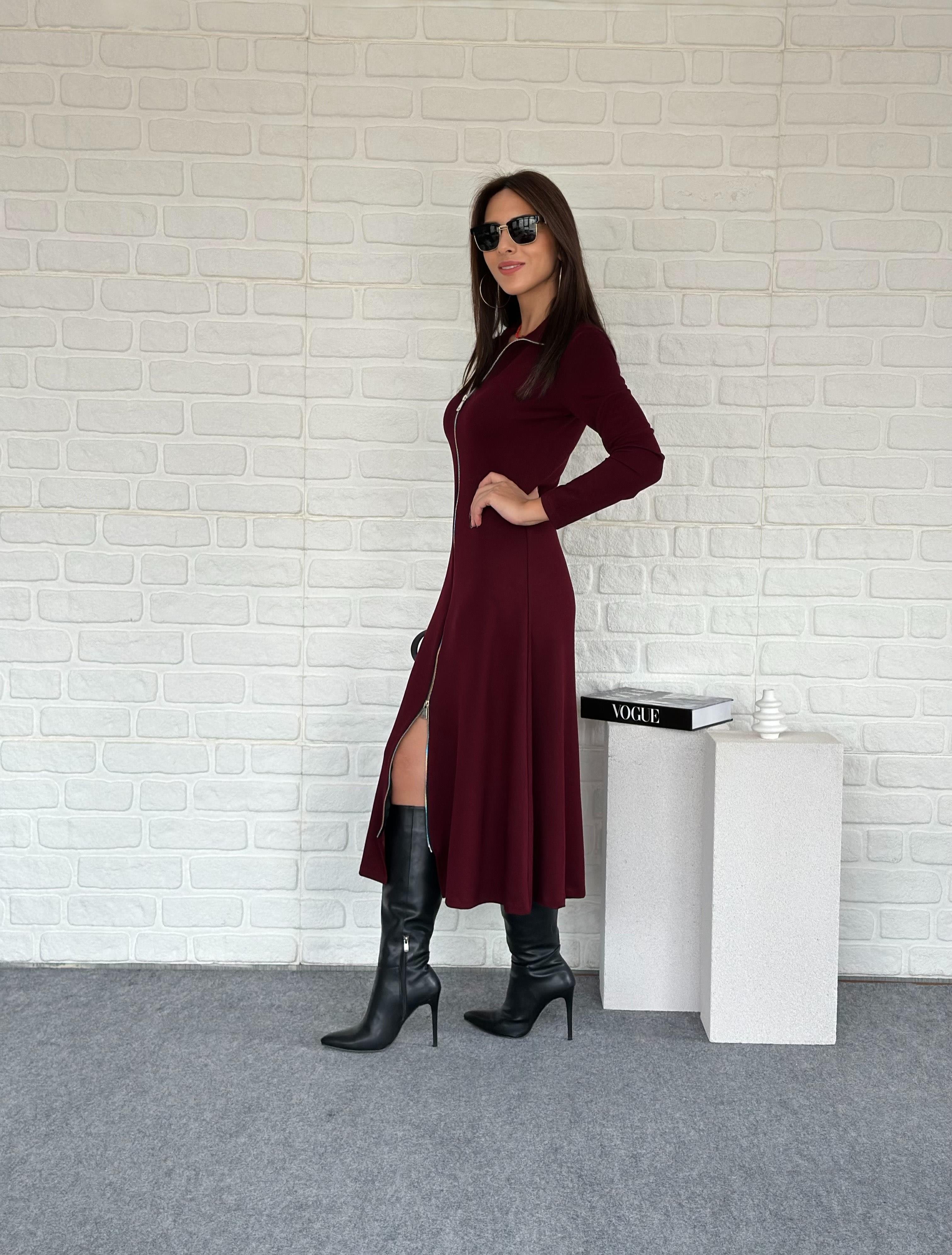 Çift Fermuarlı Modal Elbise Bordo