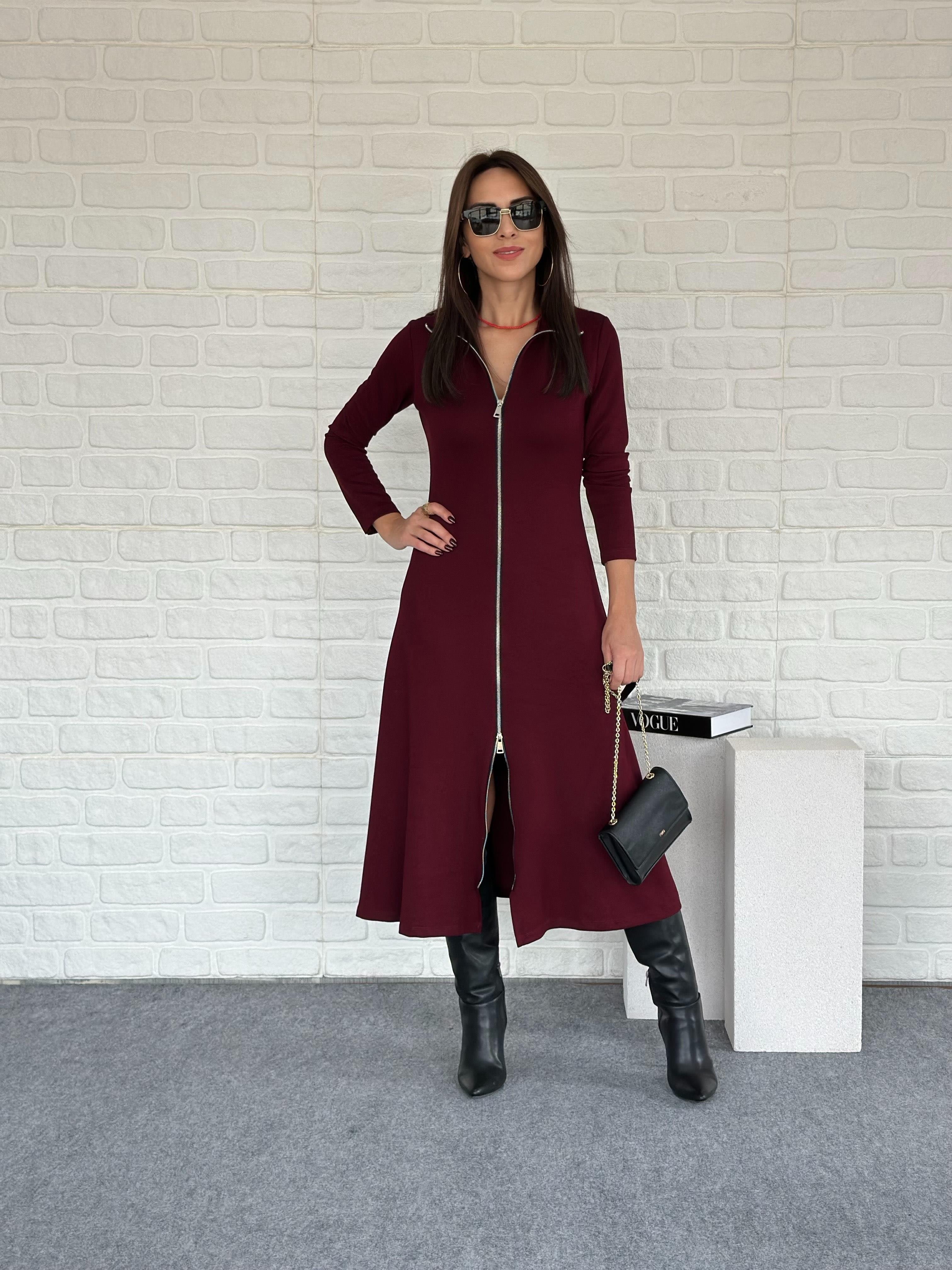 Çift Fermuarlı Modal Elbise Bordo