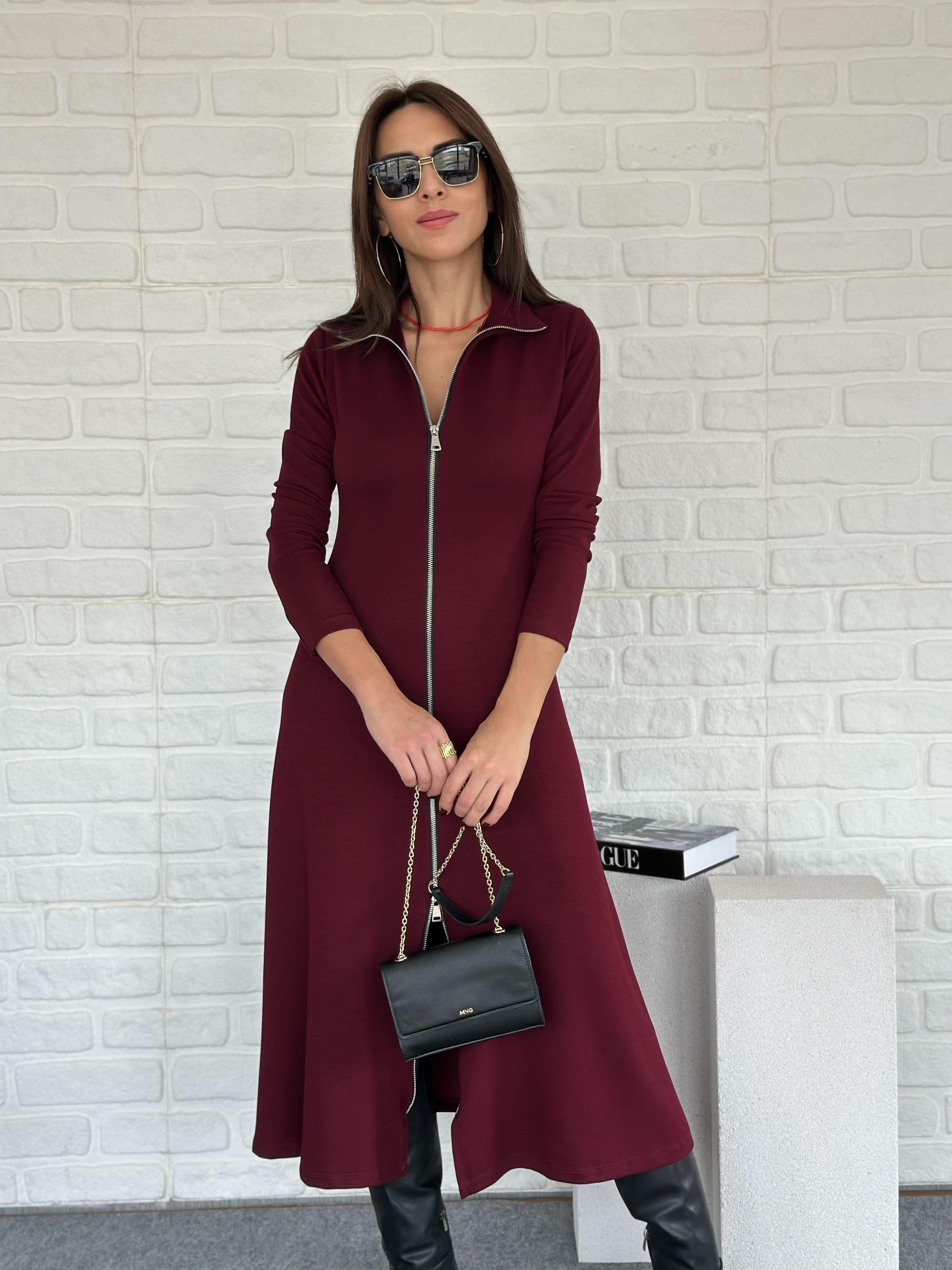 Çift Fermuarlı Modal Elbise Bordo
