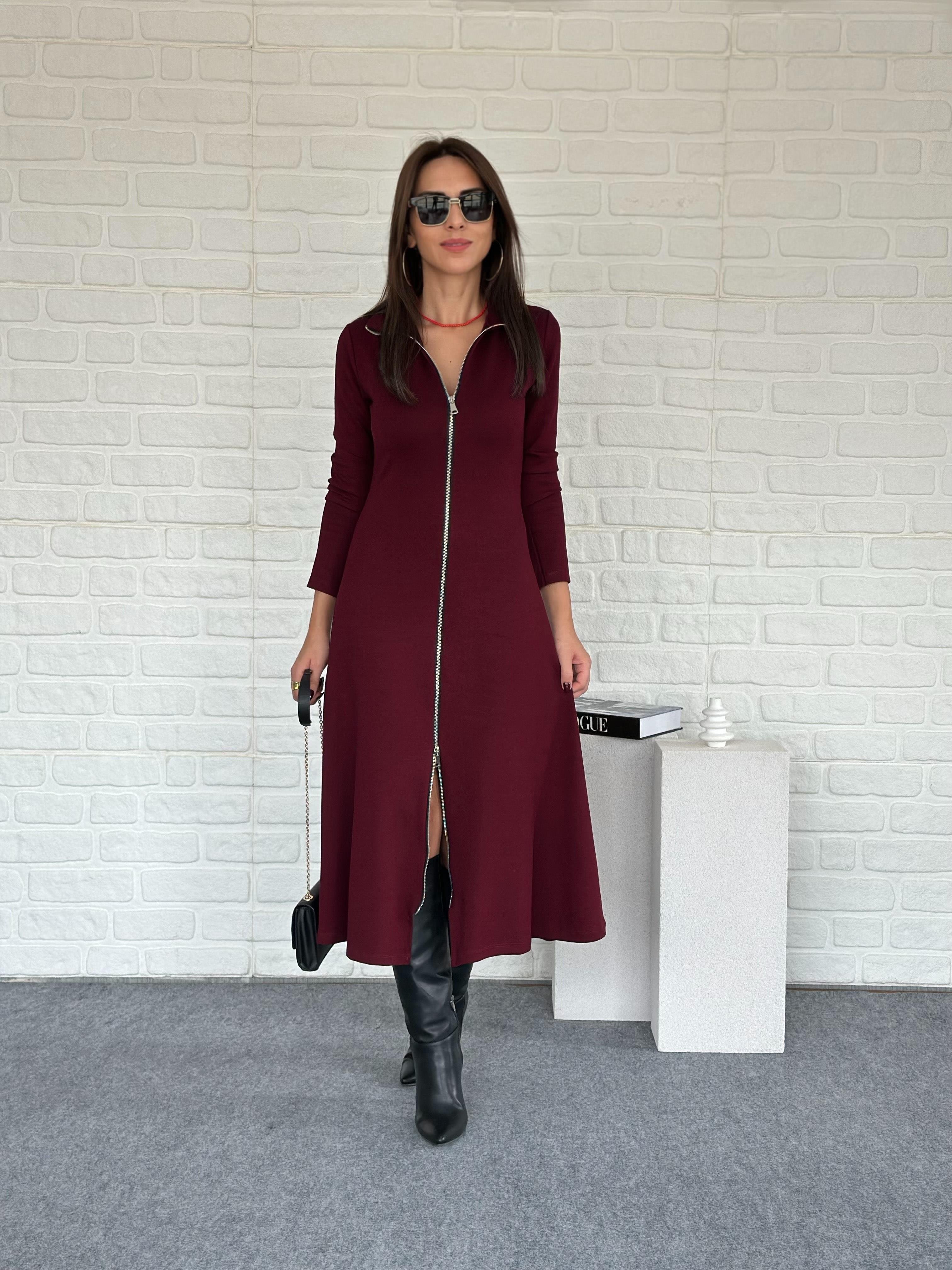 Çift Fermuarlı Modal Elbise Bordo