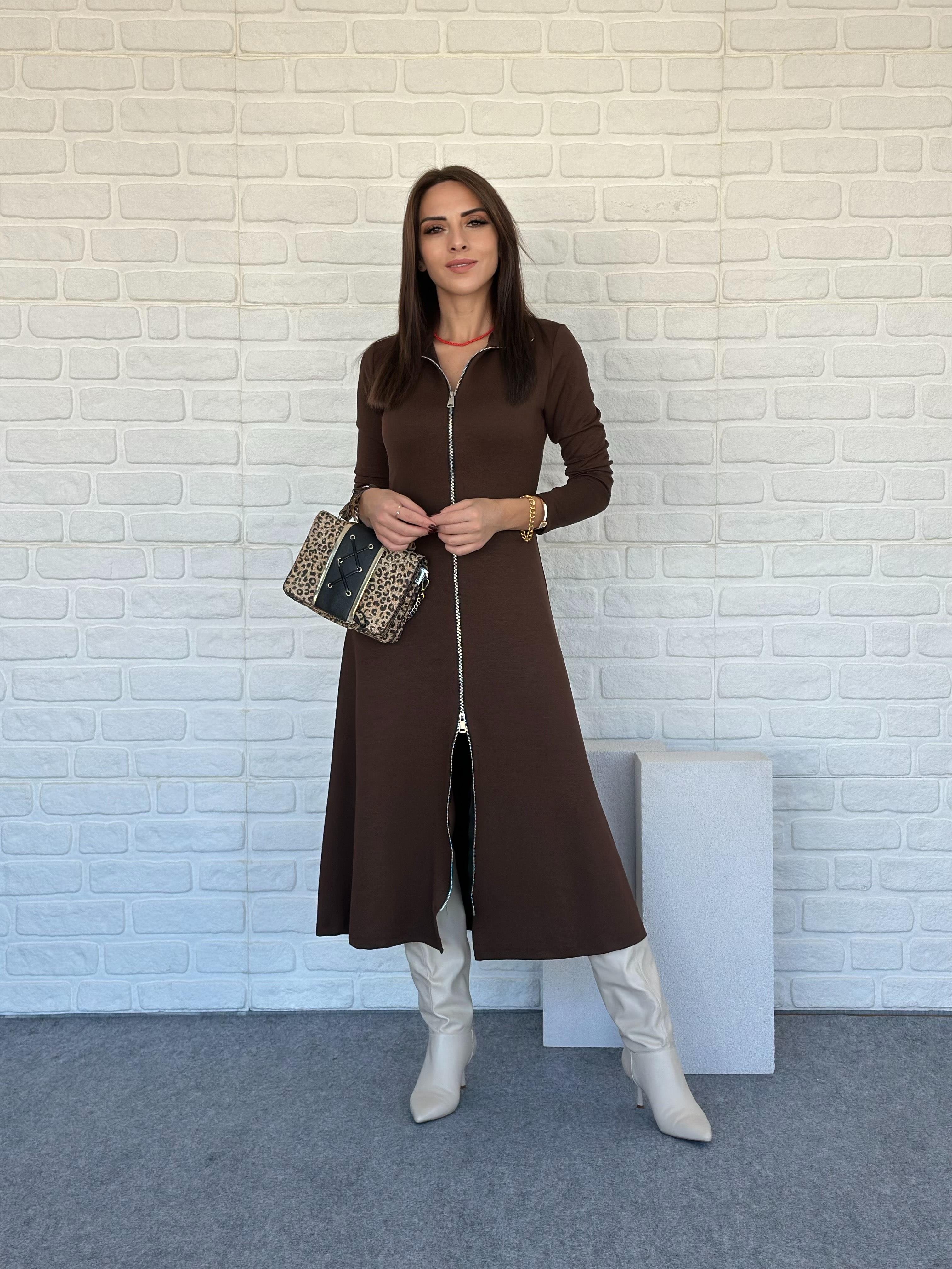 Çift Fermuarlı Modal Elbise Kahve