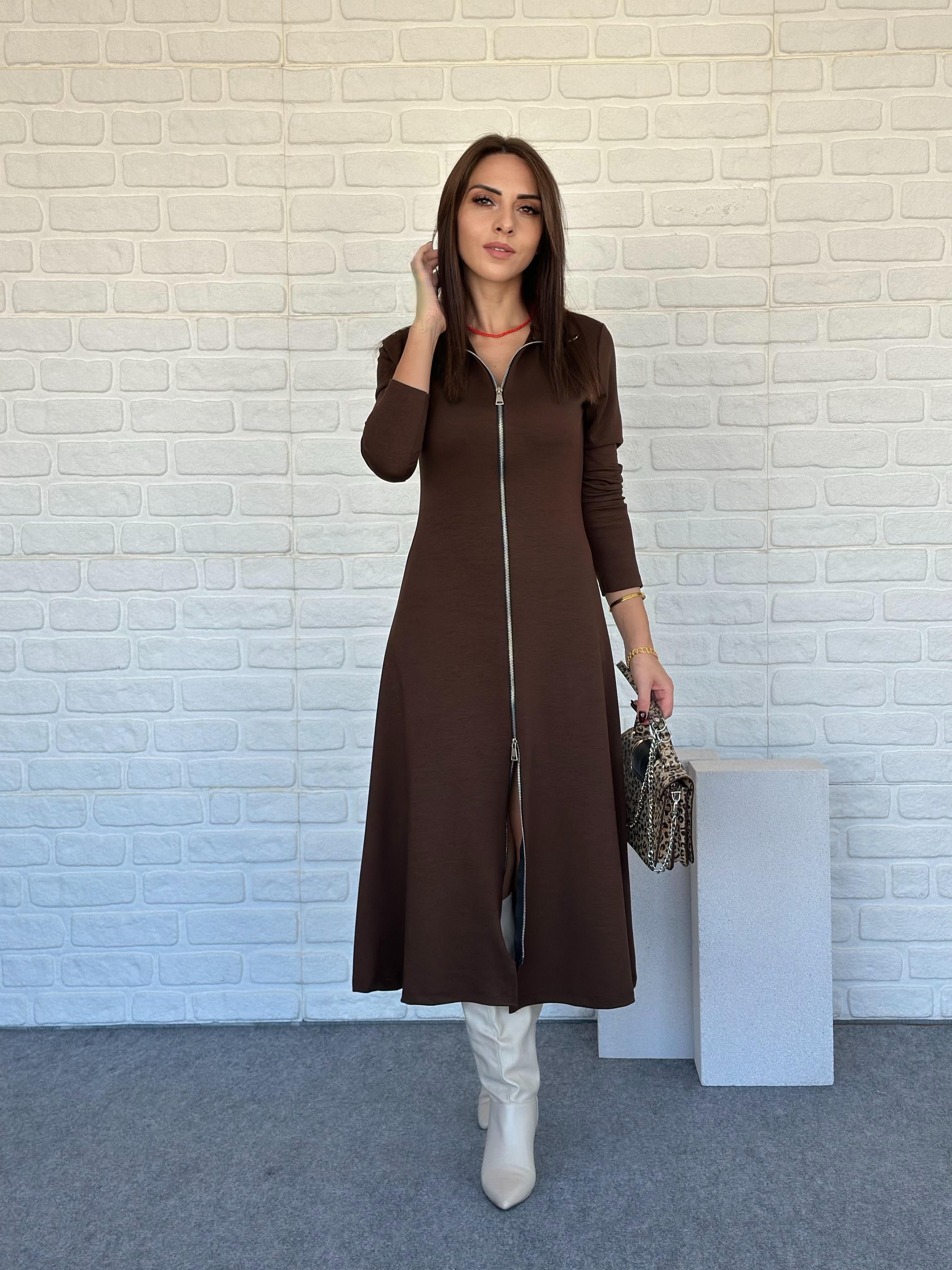 Çift Fermuarlı Modal Elbise Kahve