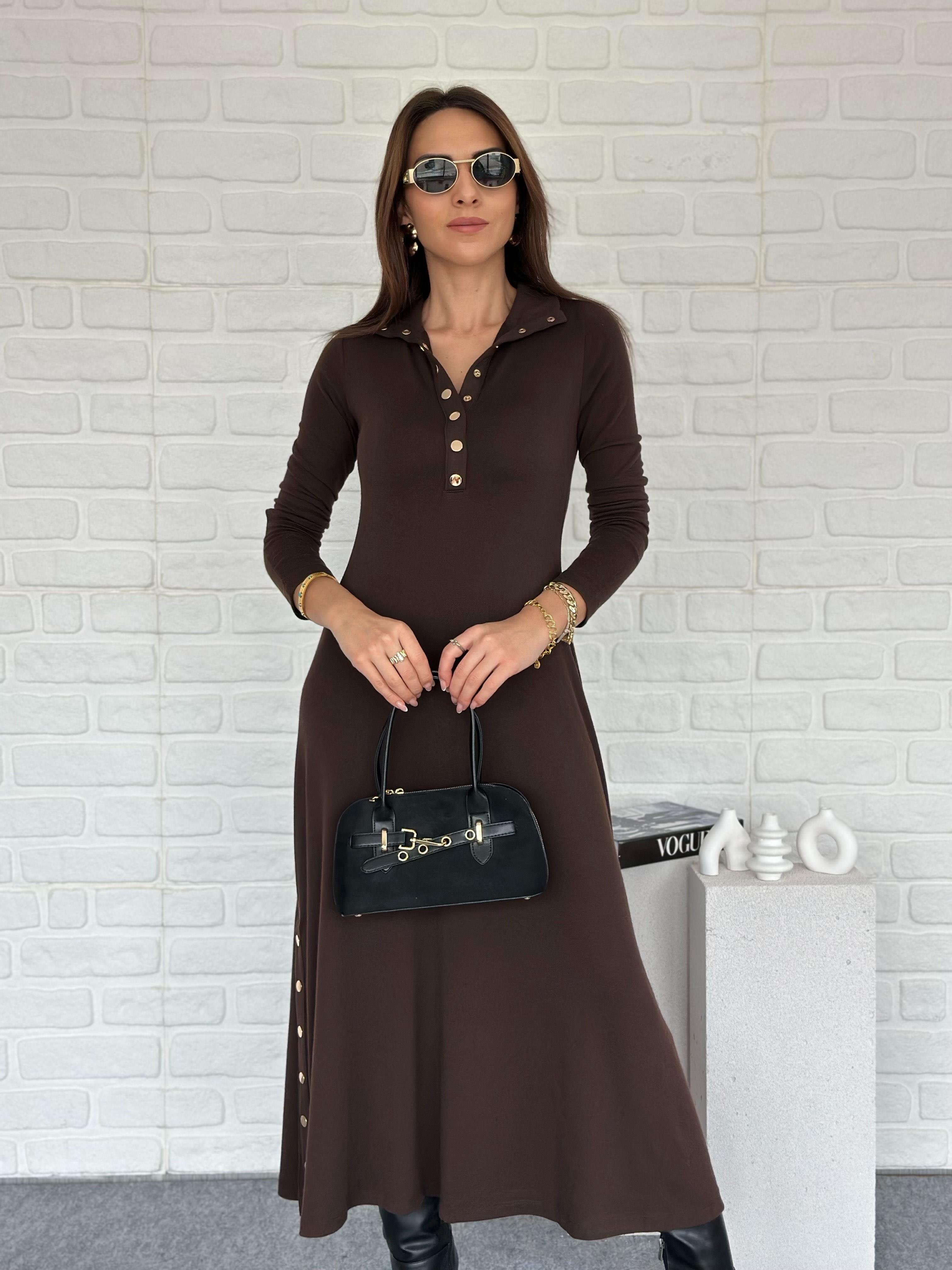 Çıtçıtlı Triko Elbise Kahve