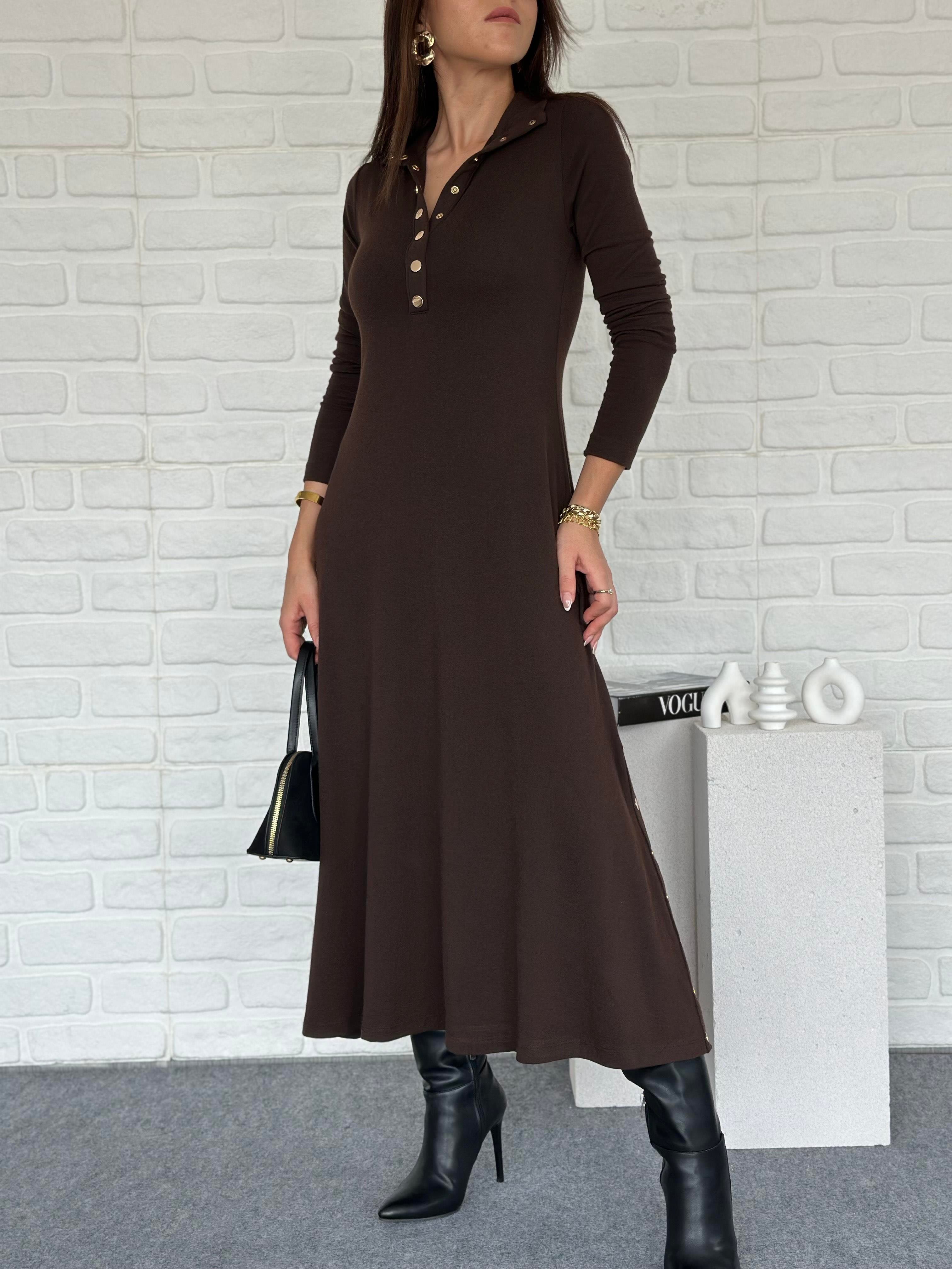 Çıtçıtlı Triko Elbise Kahve