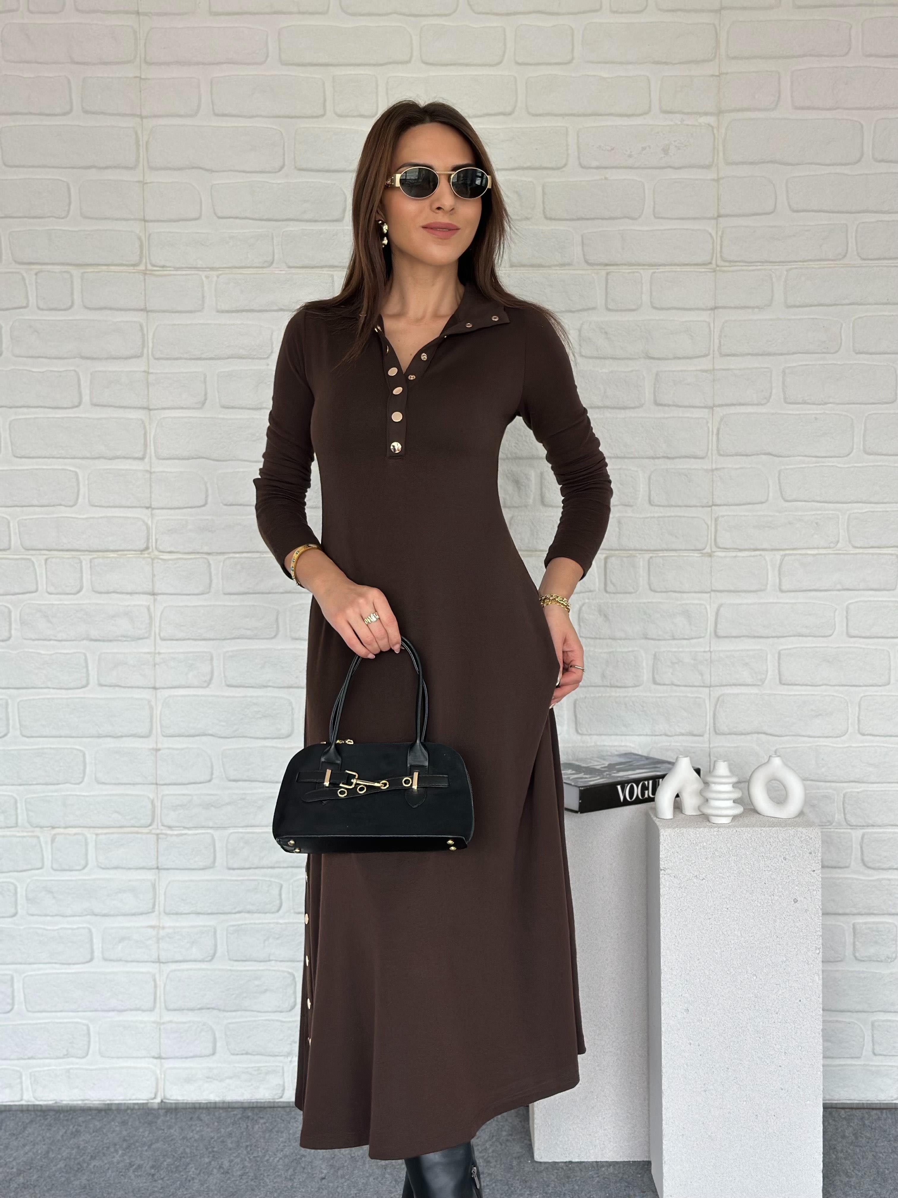Çıtçıtlı Triko Elbise Kahve