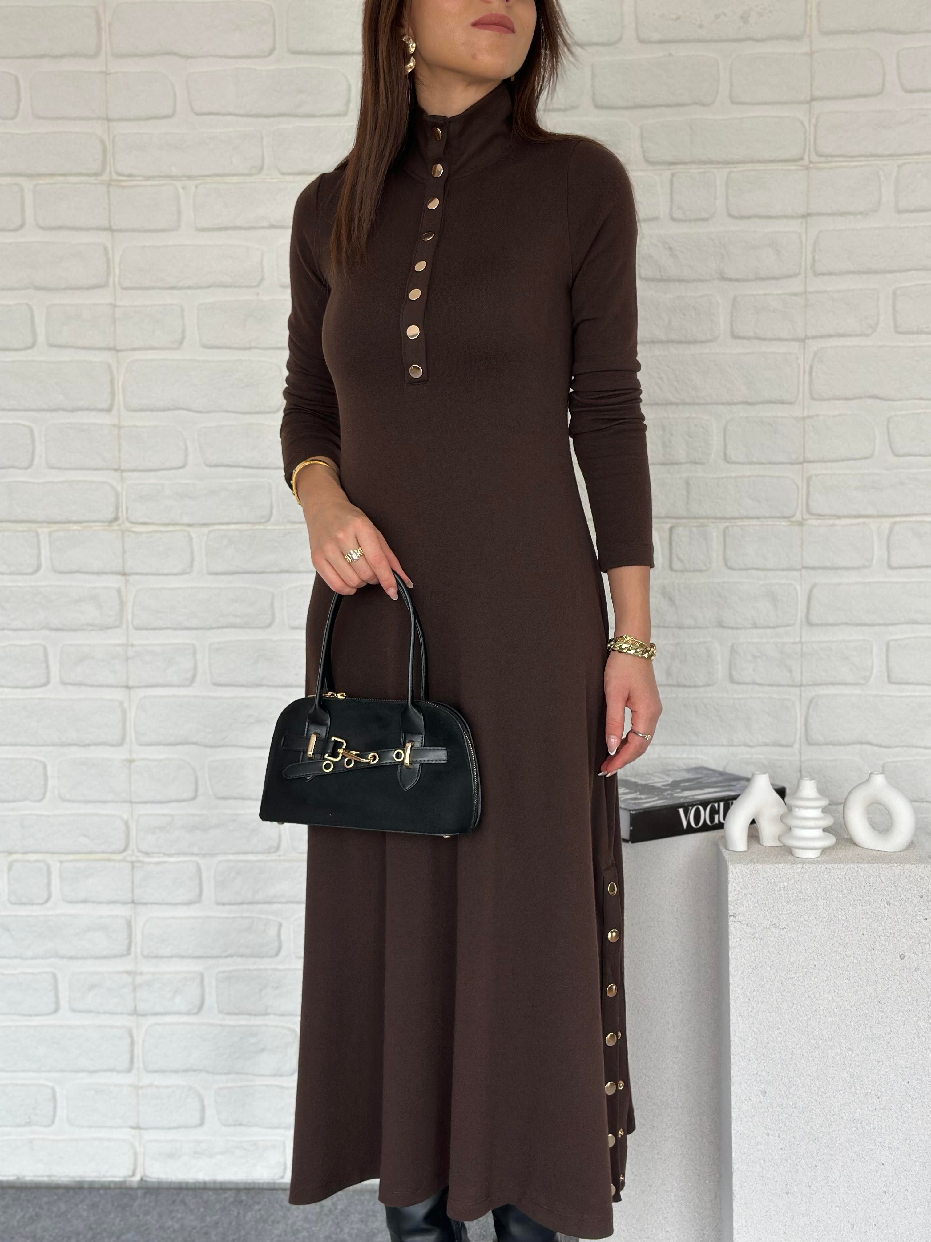 Çıtçıtlı Triko Elbise Kahve