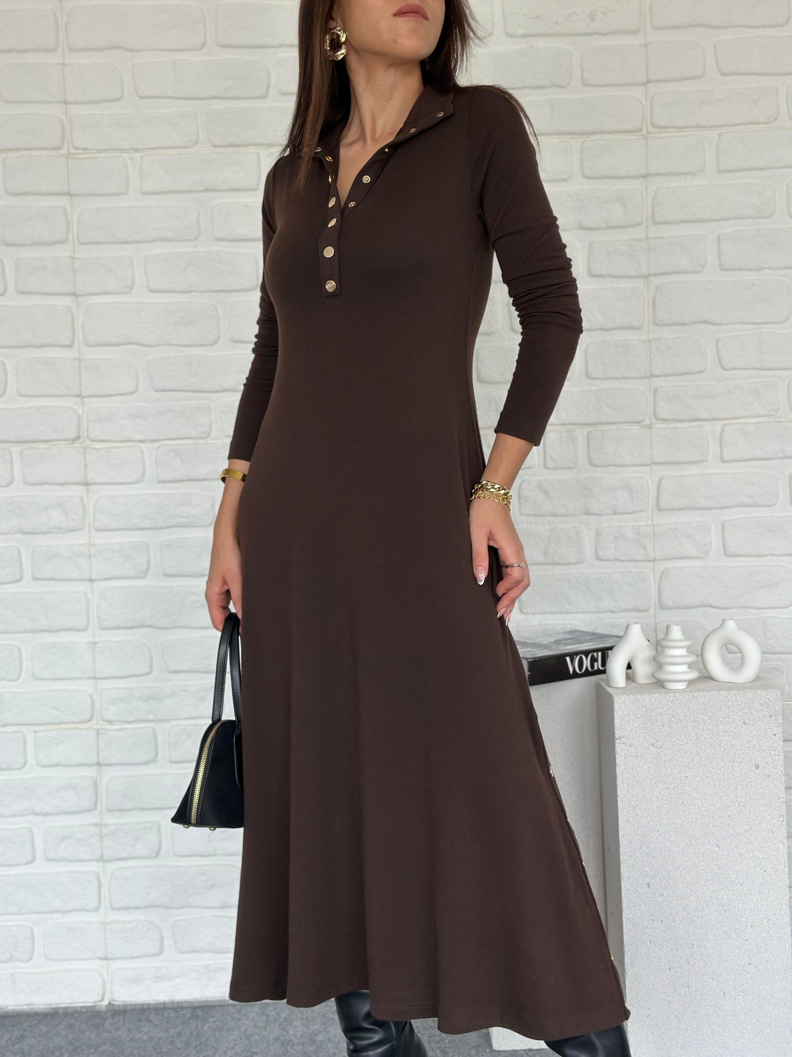Çıtçıtlı Triko Elbise Kahve