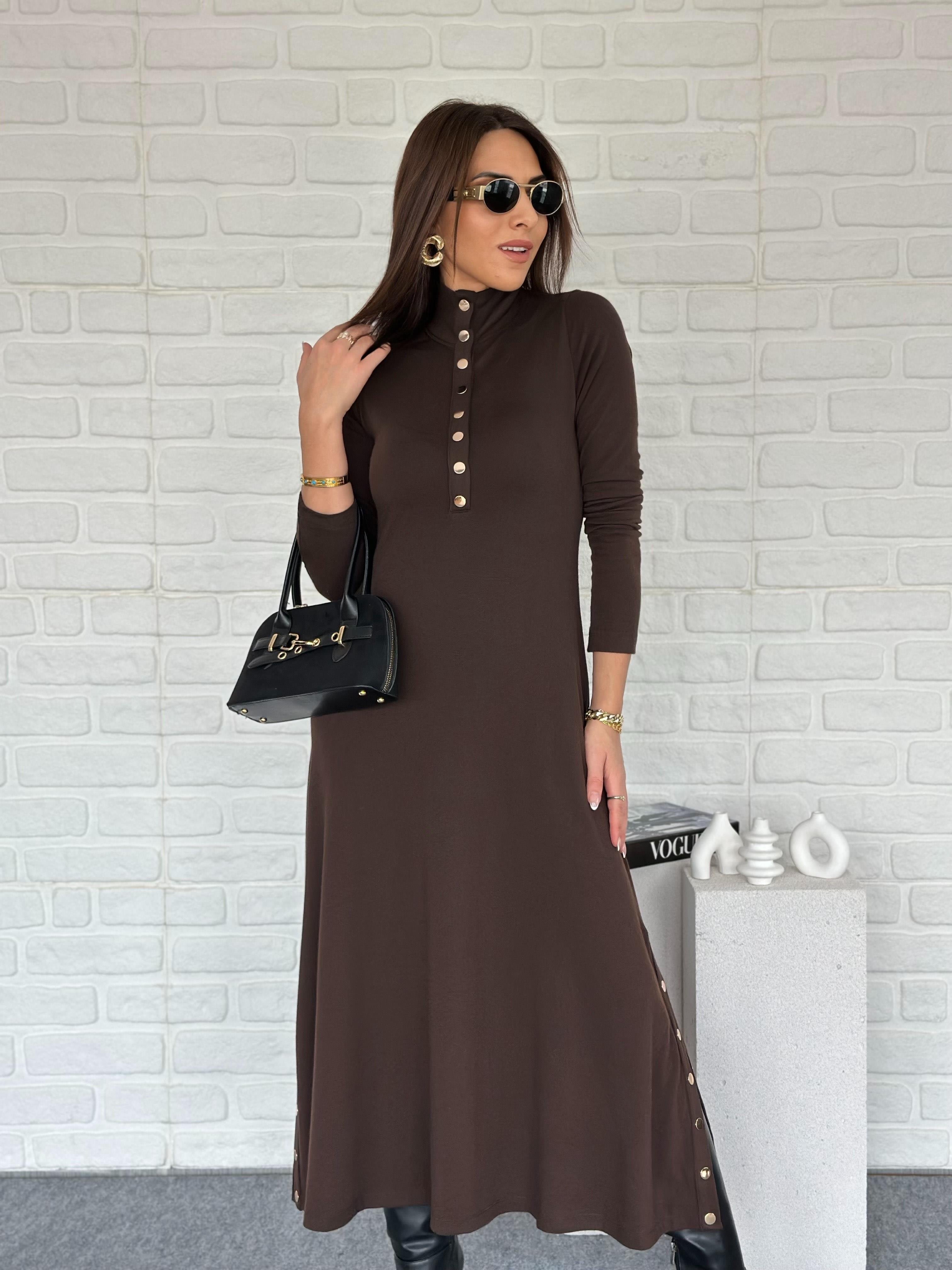 Çıtçıtlı Triko Elbise Kahve