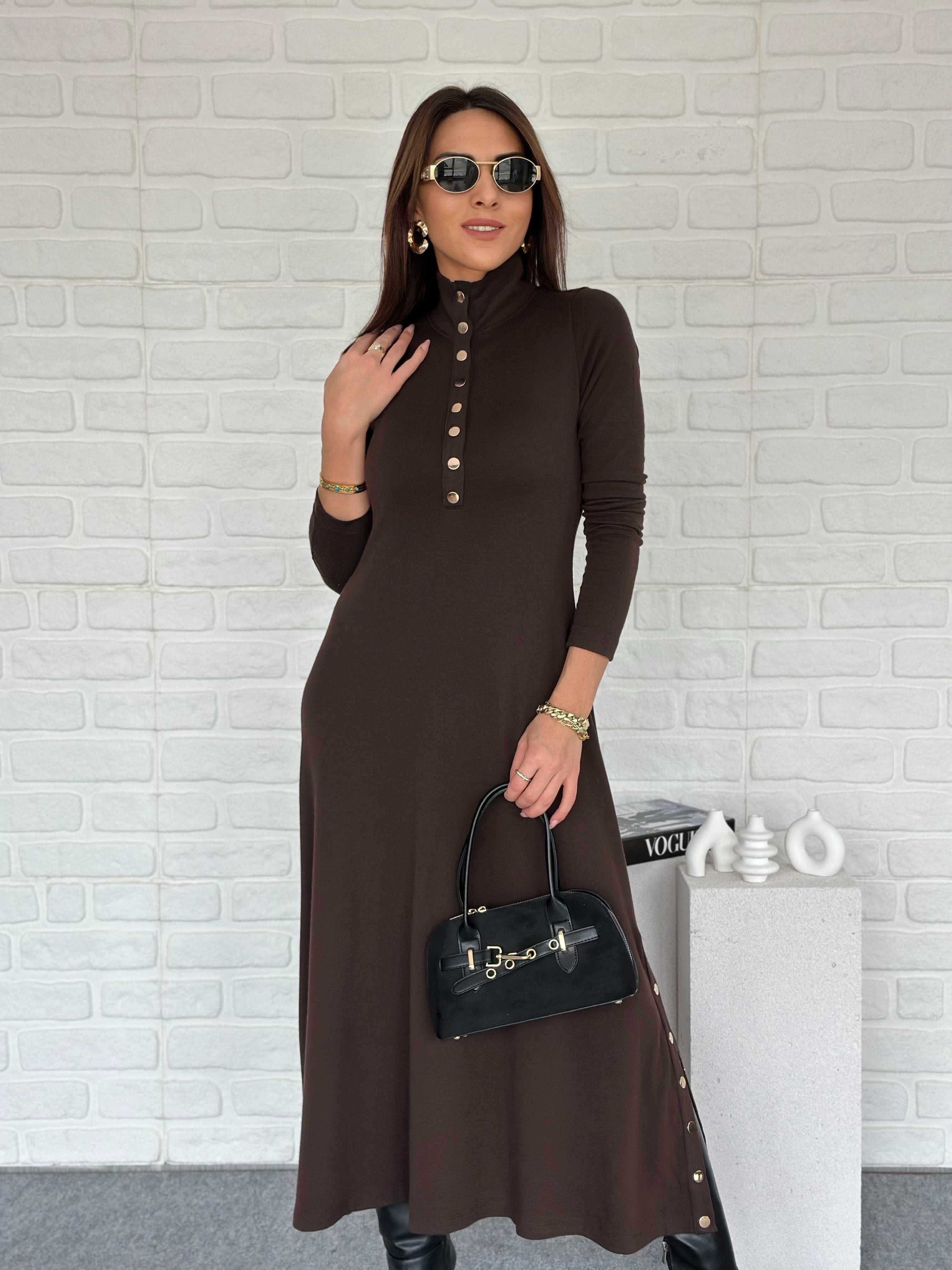 Çıtçıtlı Triko Elbise Kahve