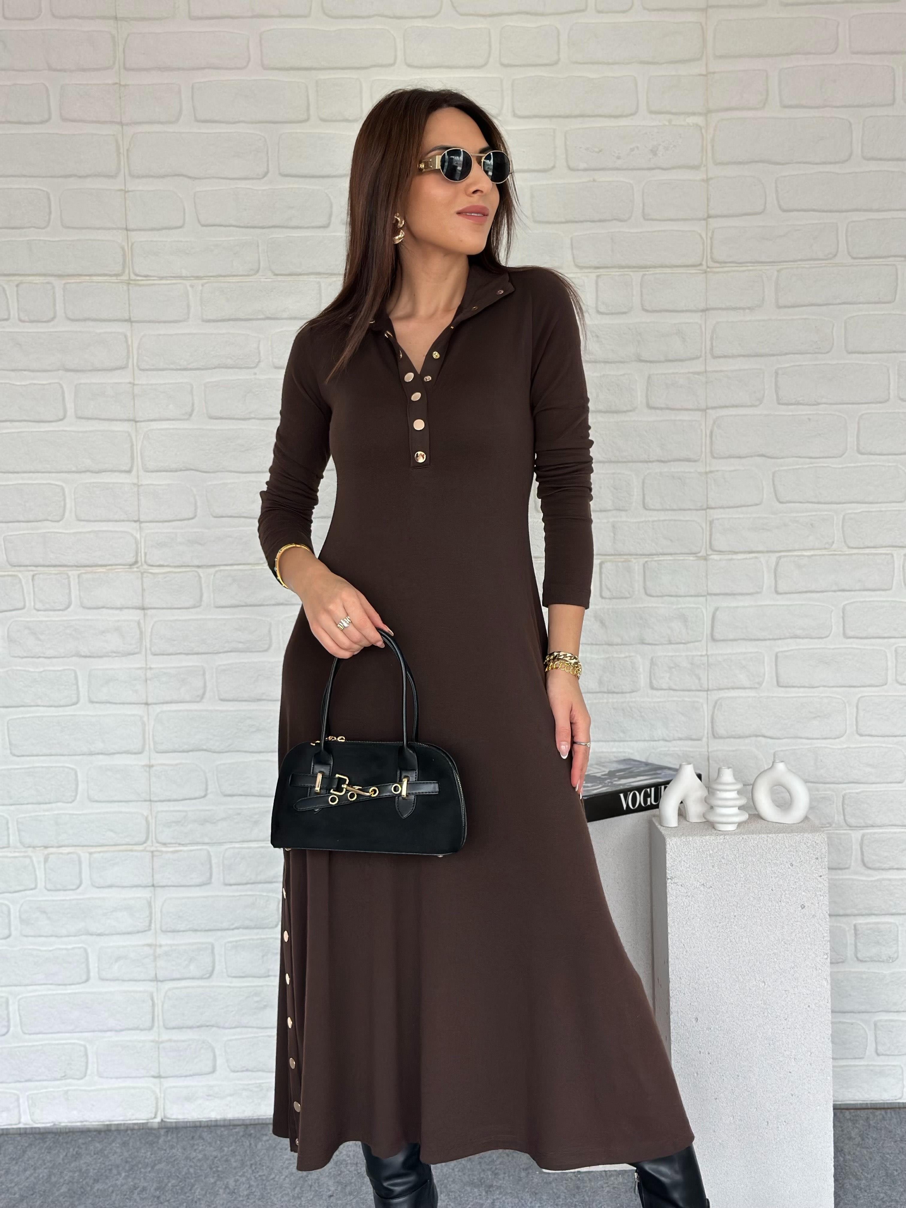 Çıtçıtlı Triko Elbise Kahve