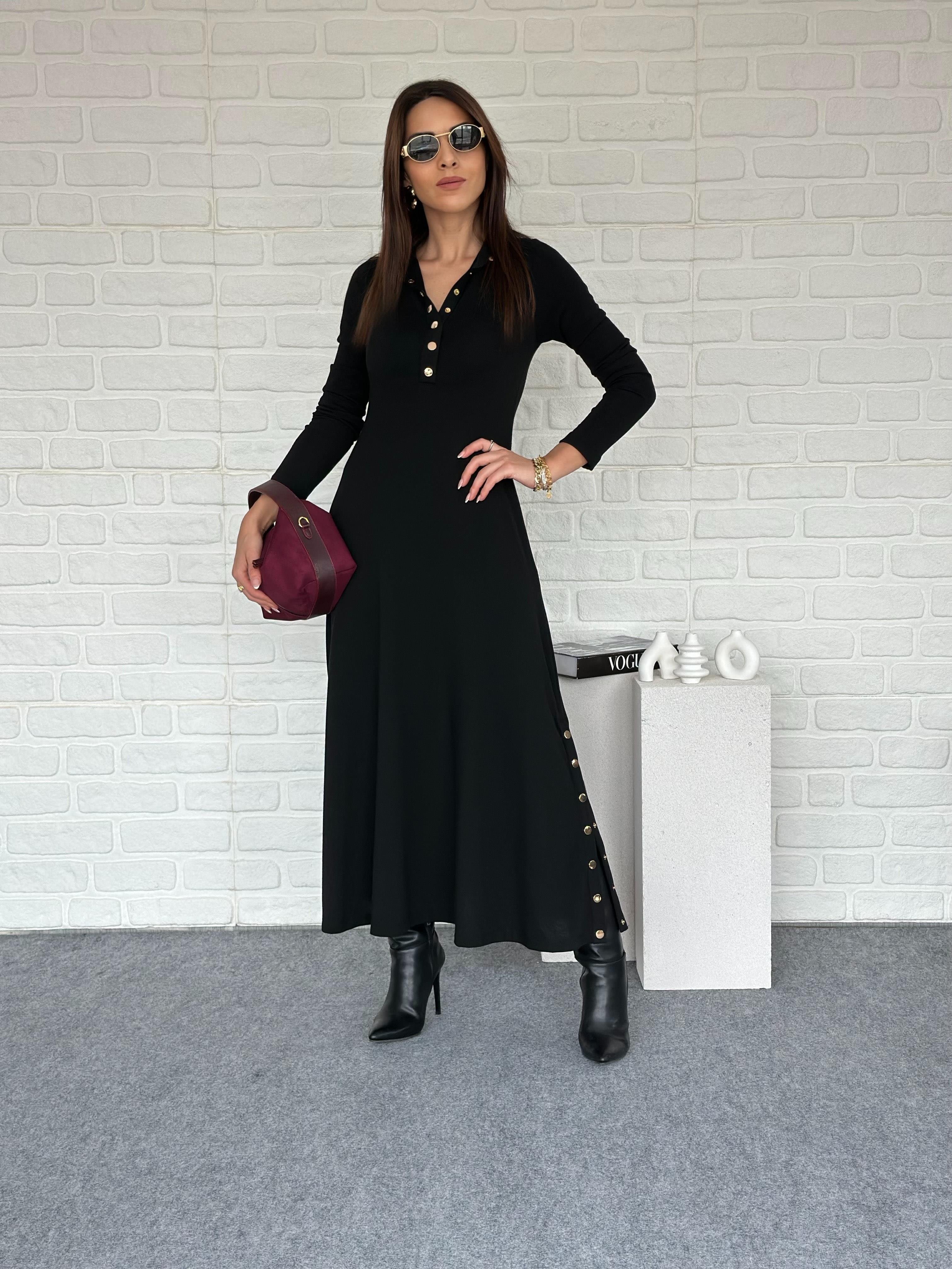 Çıtçıtlı Triko Elbise Siyah