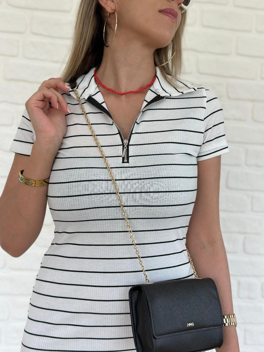 Çizgili Kaşkorse Elbise Beyaz