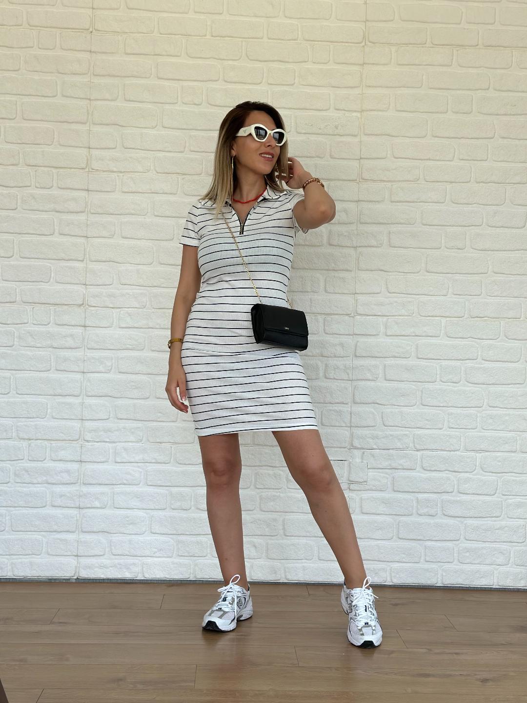 Çizgili Kaşkorse Elbise Beyaz