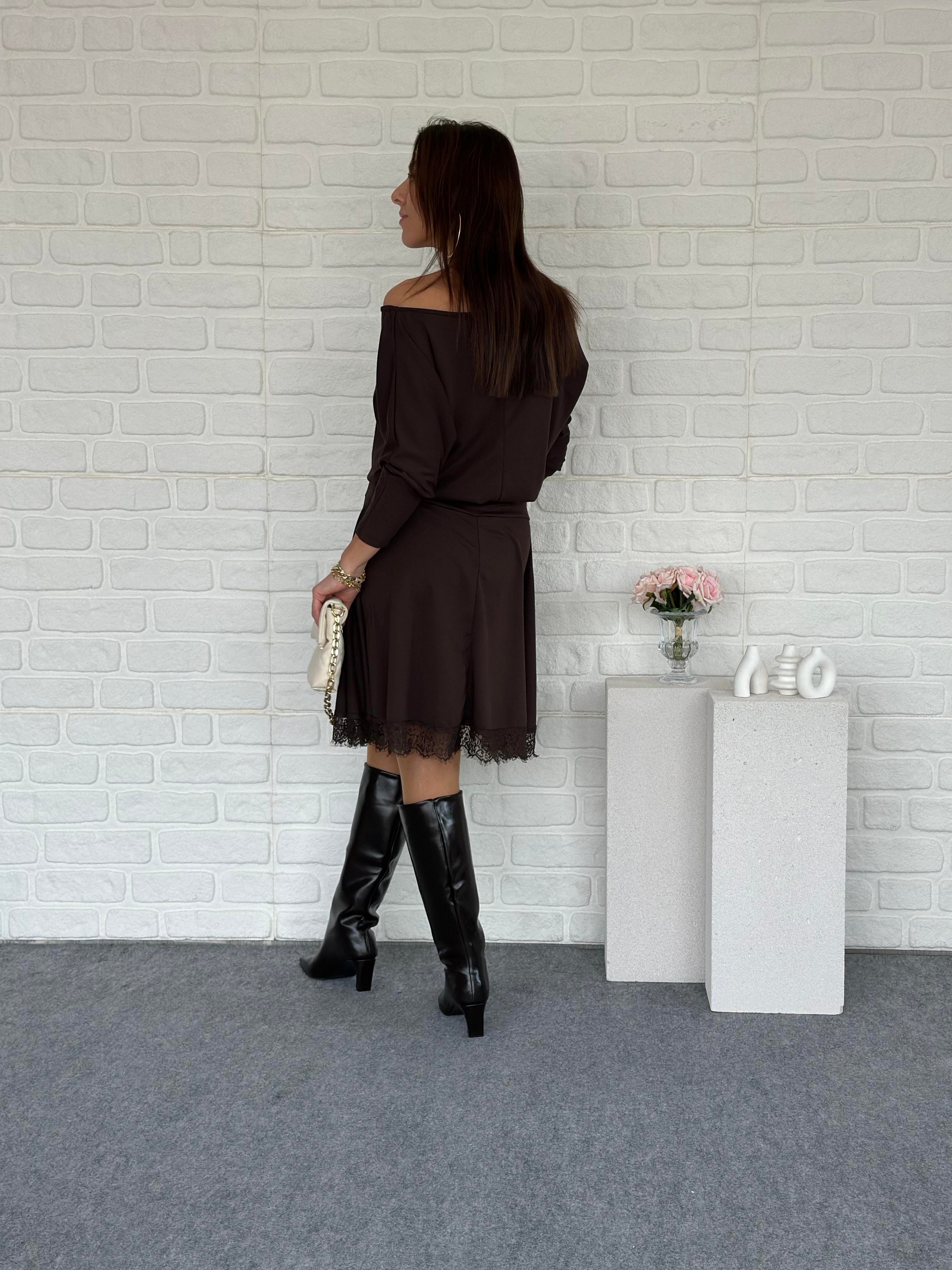 Dantelli Modal Elbise Kahve 