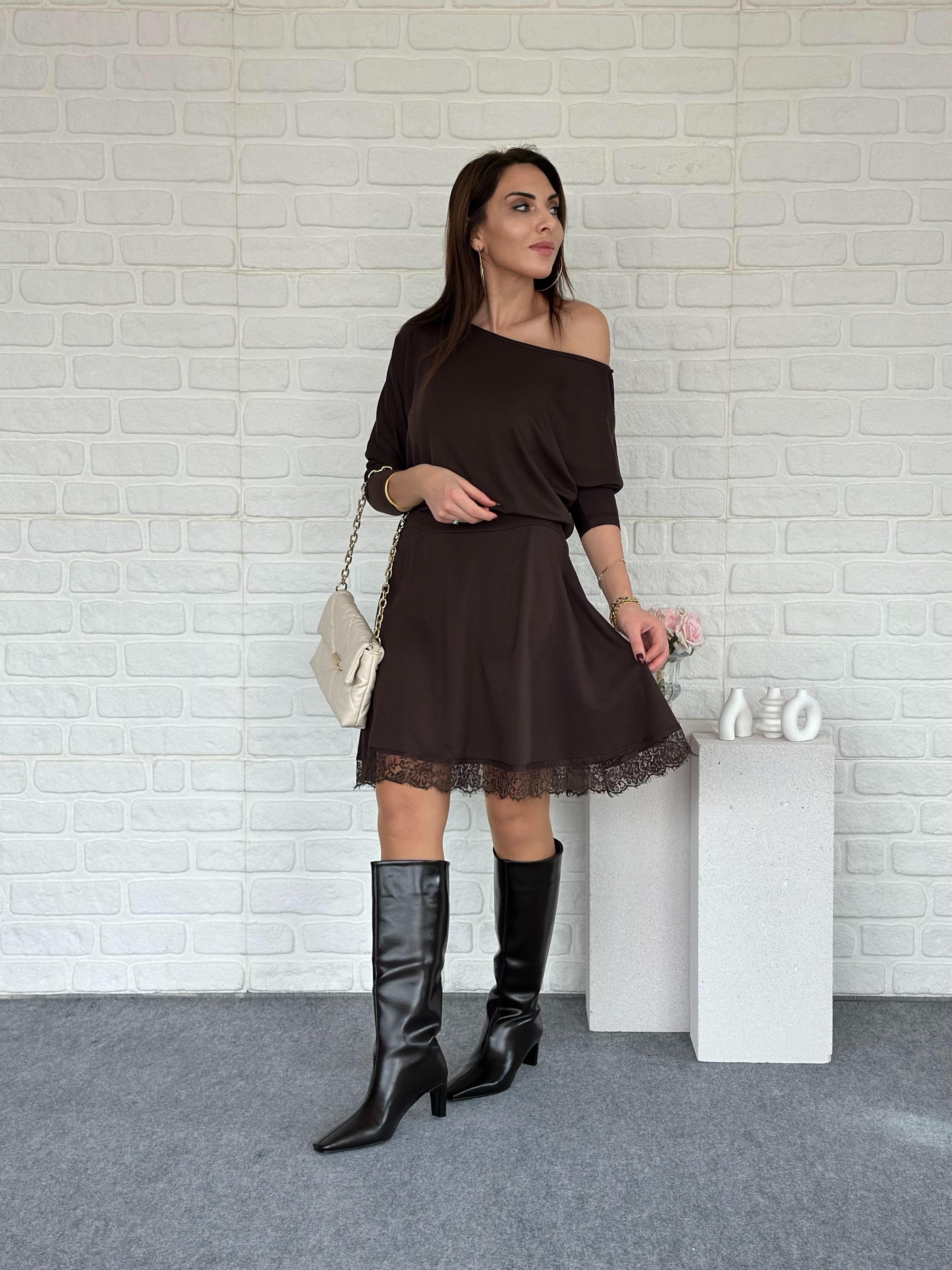 Dantelli Modal Elbise Kahve 