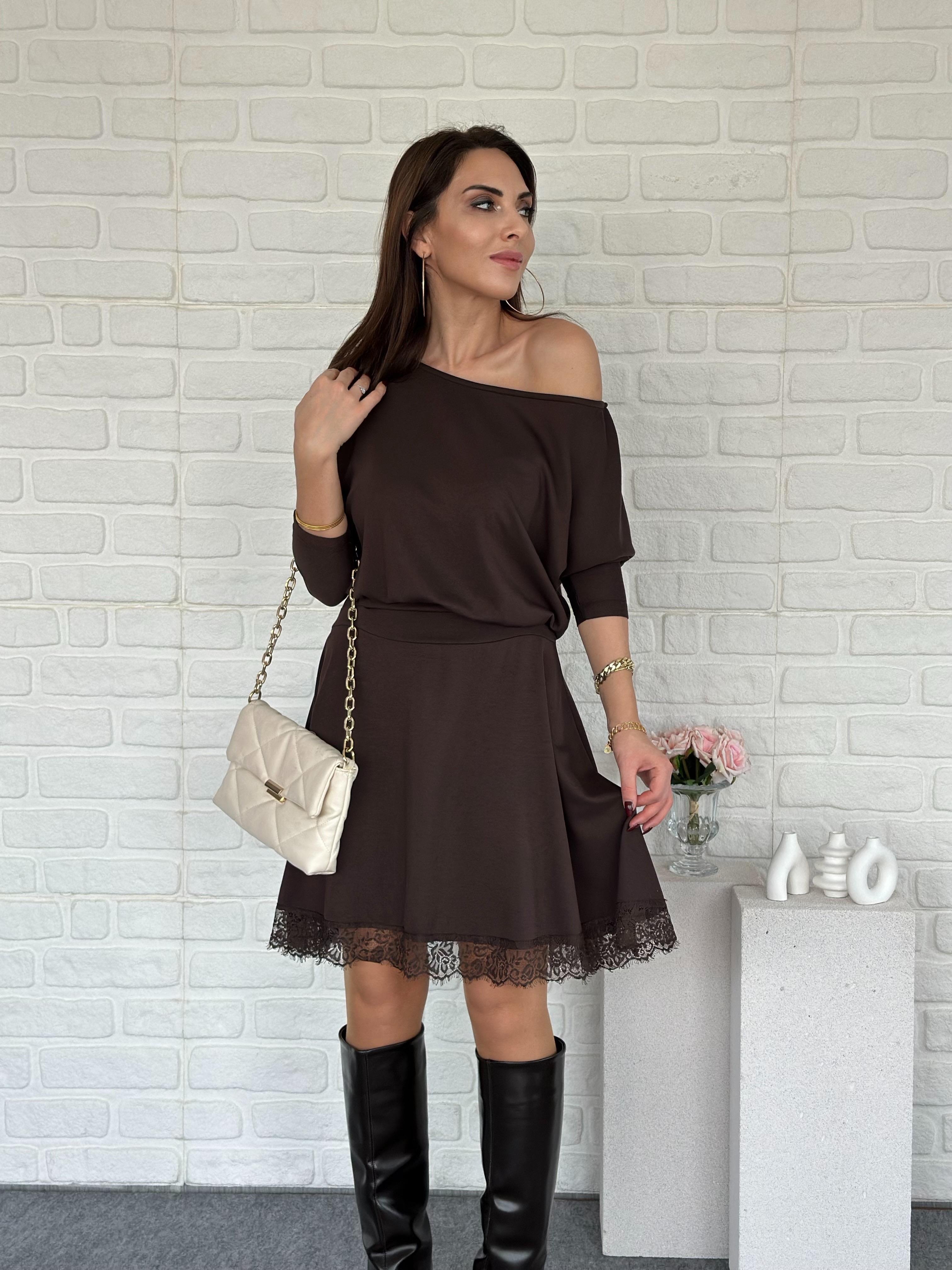 Dantelli Modal Elbise Kahve 