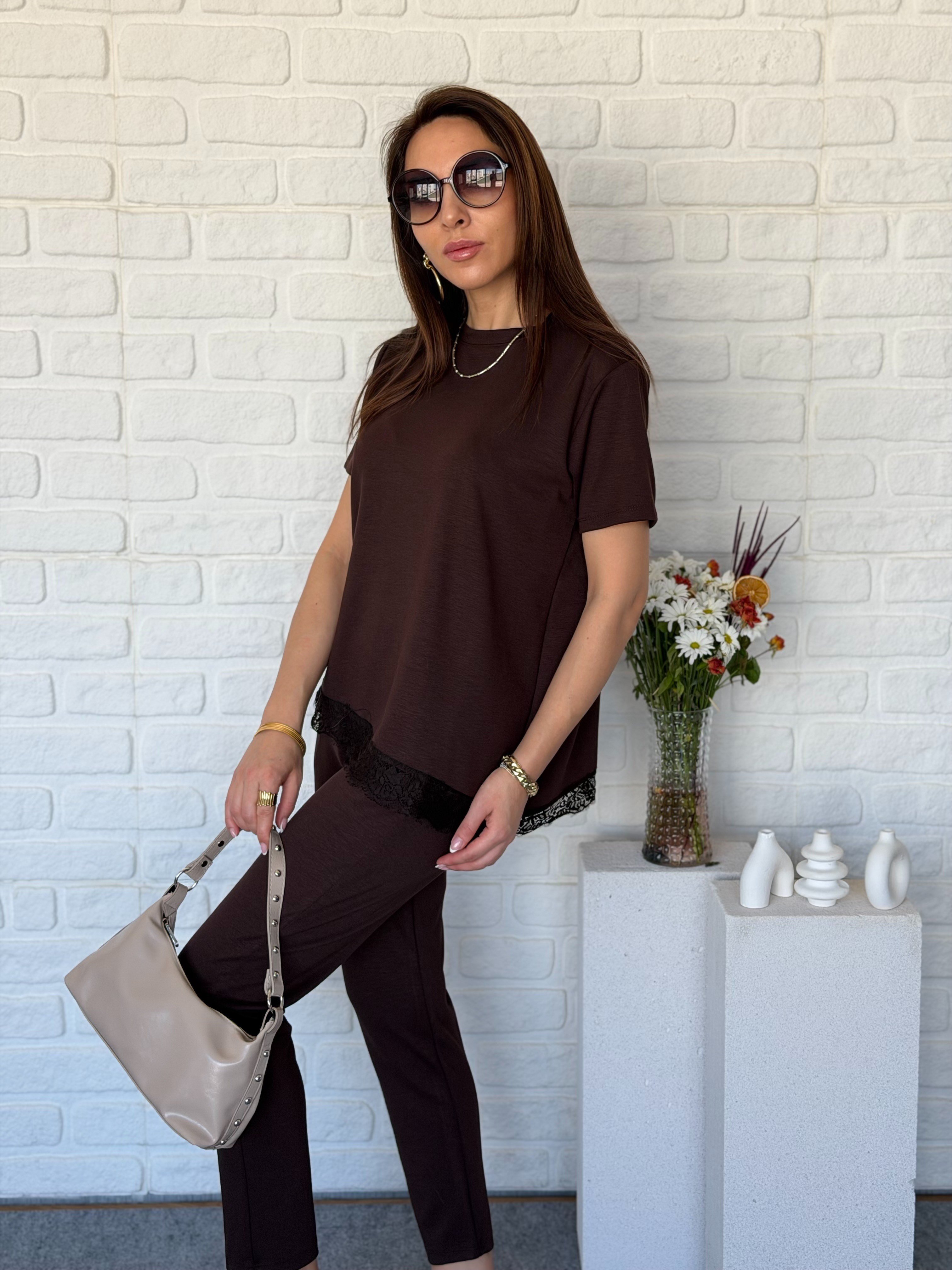 Dantelli Modal Takım Kahve