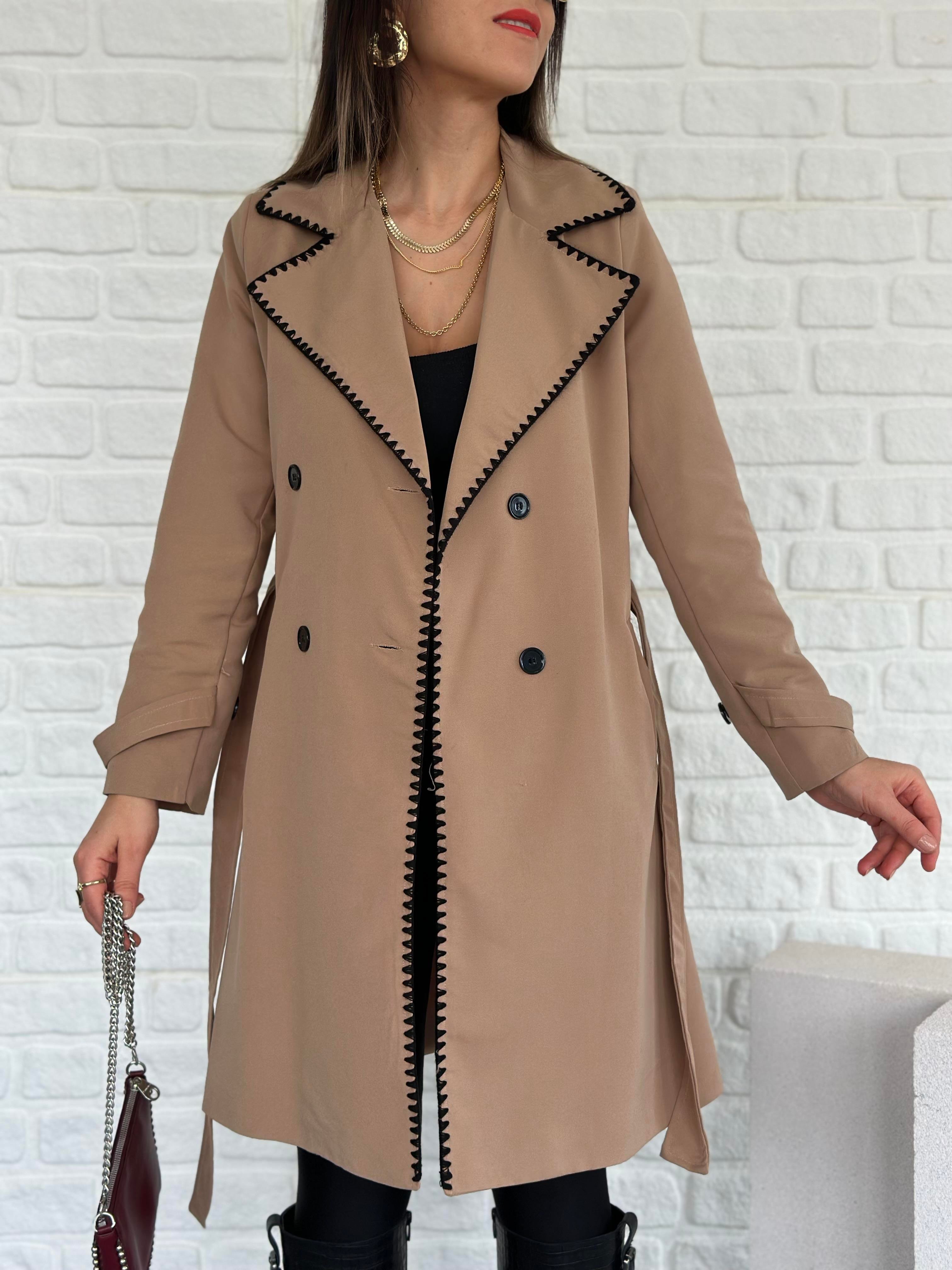 Dikişli Trench Coat Camel