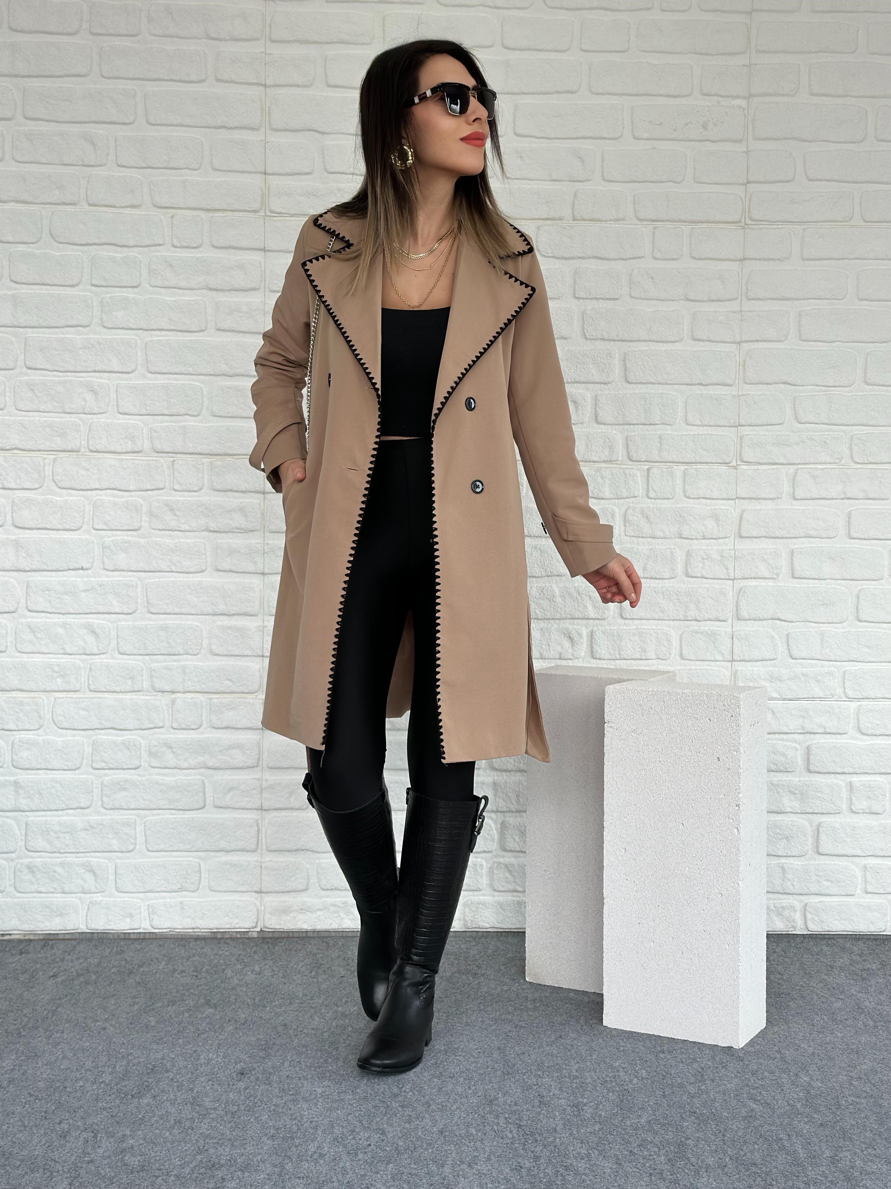 Dikişli Trench Coat Camel