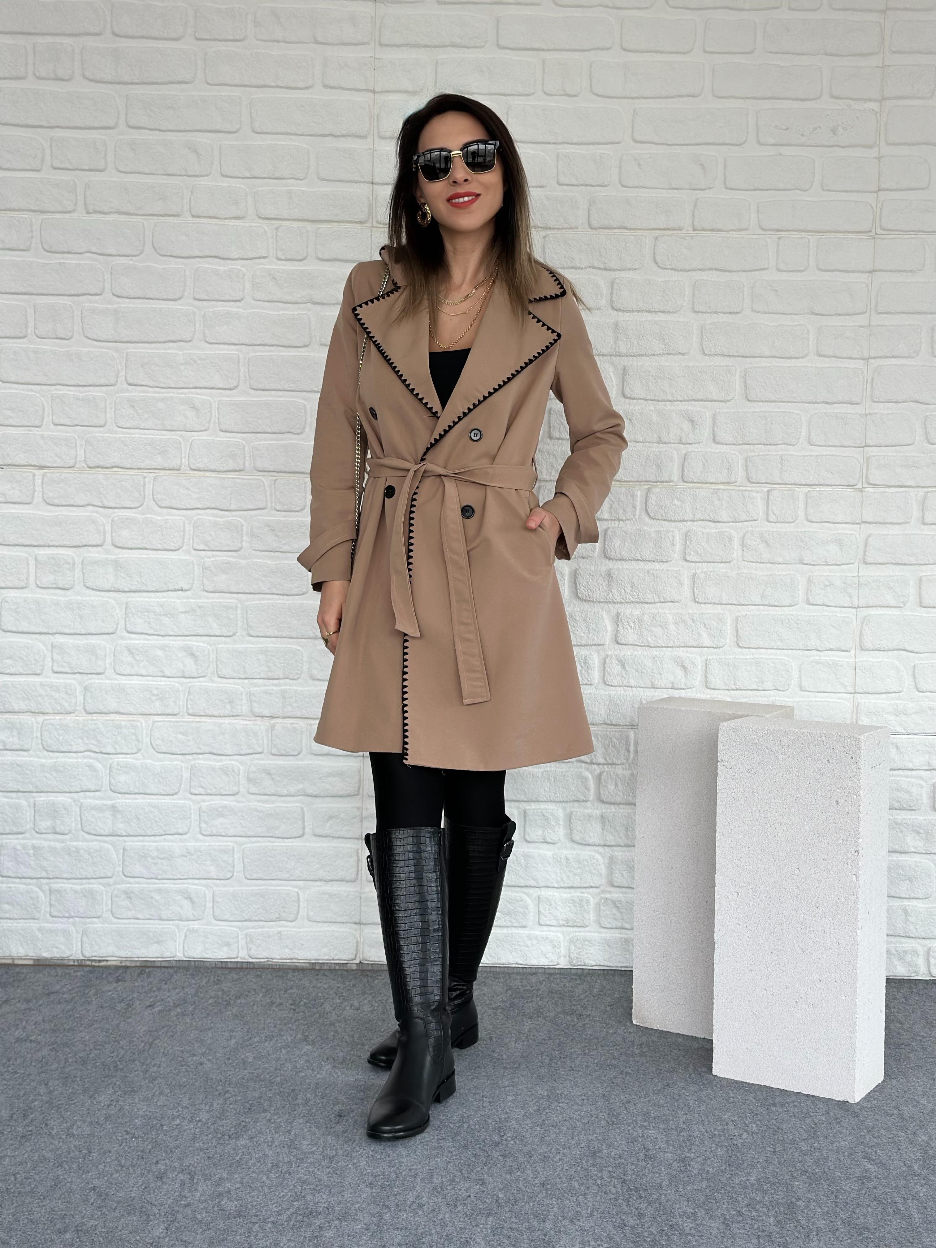 Dikişli Trench Coat Camel